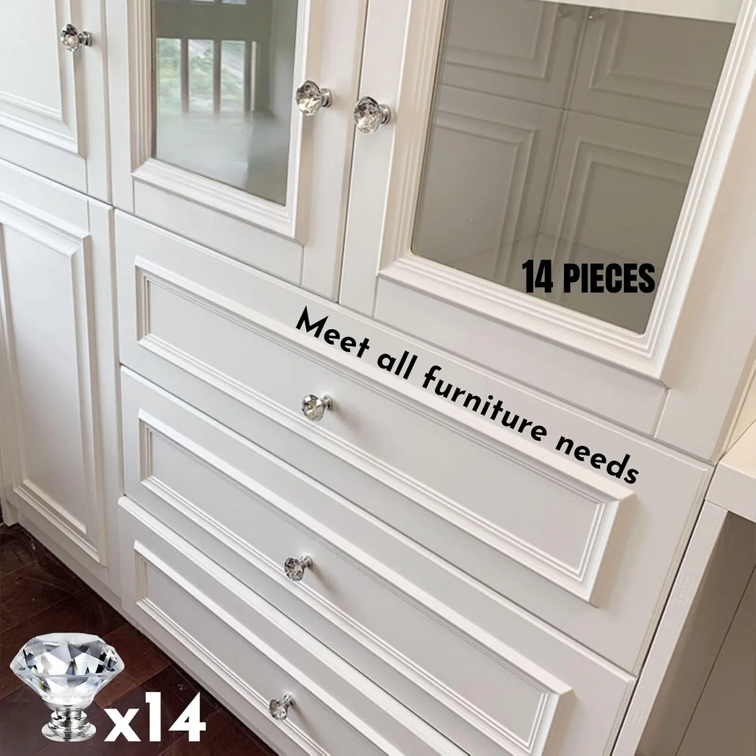 هونپولو 14 عددی دستگیره کابینت و مبلمان، دستگیره کشو شیشه کریستالی الماسی شکل 30 میلی متری، دستگیره درب کابینت آلیاژ آلومینیوم طلایی و نقره ای، برای آشپزخانه، حمام، اتاق خواب، شامل پیچ