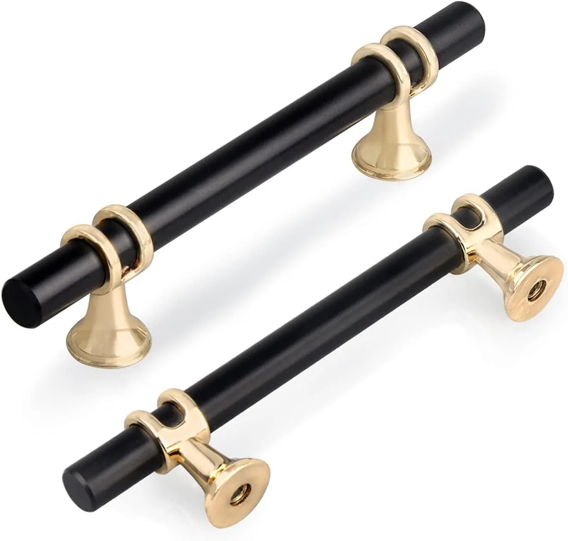 دستگیره کابینت YODB، 6 عددی، 96 میلی‌متری، دستگیره T شکل آلیاژ روی جامد برای درب کابینت، کشو، کمد، بوفه مبلمان با پیچ - مشکی با پایه طلایی