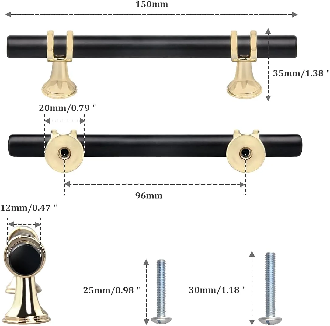 دستگیره کابینت YODB، 6 عددی، 96 میلی‌متری، دستگیره T شکل آلیاژ روی جامد برای درب کابینت، کشو، کمد، بوفه مبلمان با پیچ - مشکی با پایه طلایی