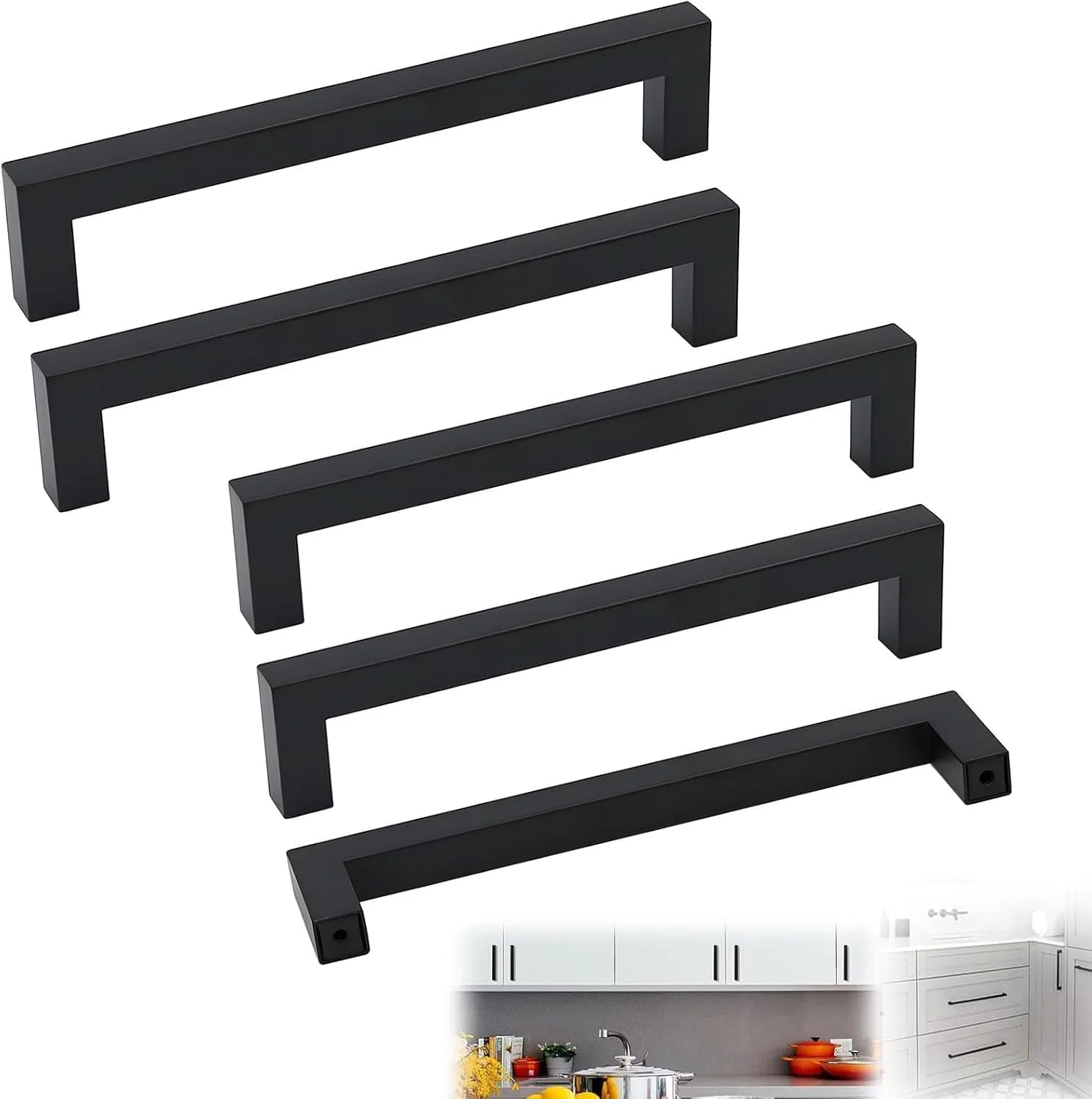 دستگیره کابینت مربعی Xspring، بسته 5 عددی 224 میلی متری مشکی مات، دستگیره های کشو استیل ضد زنگ ممتاز برای کابینت های مدرن آشپزخانه و حمام