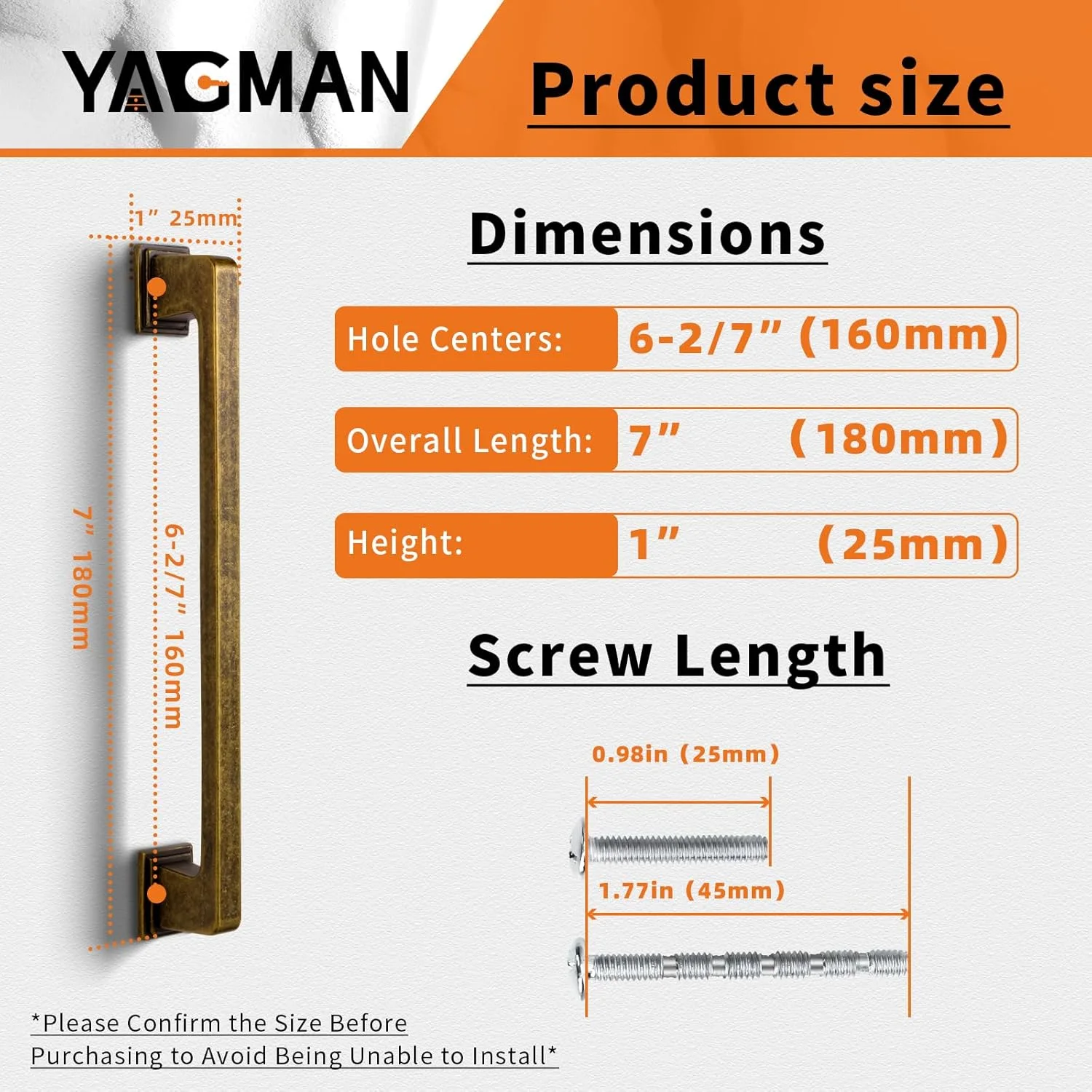 دستگیره کابینت برنجی عتیقه Yagman، بسته 2 عددی، مرکز سوراخ 6-3/8 اینچ (160 میلی متر)، دستگیره های آشپزخانه رترو برای مبلمان و کشوها، دستگیره های بلند و قدیمی کمد، دستگیره های کوچک بدون لاک، سخت افزار Q-AB160-2
