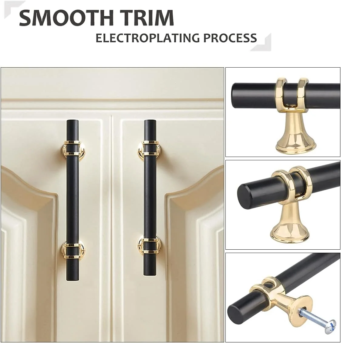 دستگیره کابینت YODB، 6 عددی، 96 میلی‌متری، دستگیره T شکل آلیاژ روی جامد برای درب کابینت، کشو، کمد، بوفه مبلمان با پیچ - مشکی با پایه طلایی