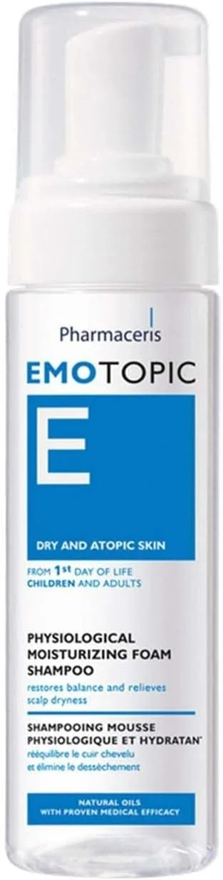 شامپو فوم مرطوب کننده فیزیولوژیک فارماسریز E Emotopic، 200 میلی لیتر – حاوی د-پانتنول، بتائین و بابونه برای پوست سر خشک و حساس، محافظت در برابر پوسته پوسته شدن، خارش و عوامل تحریک کننده خارجی