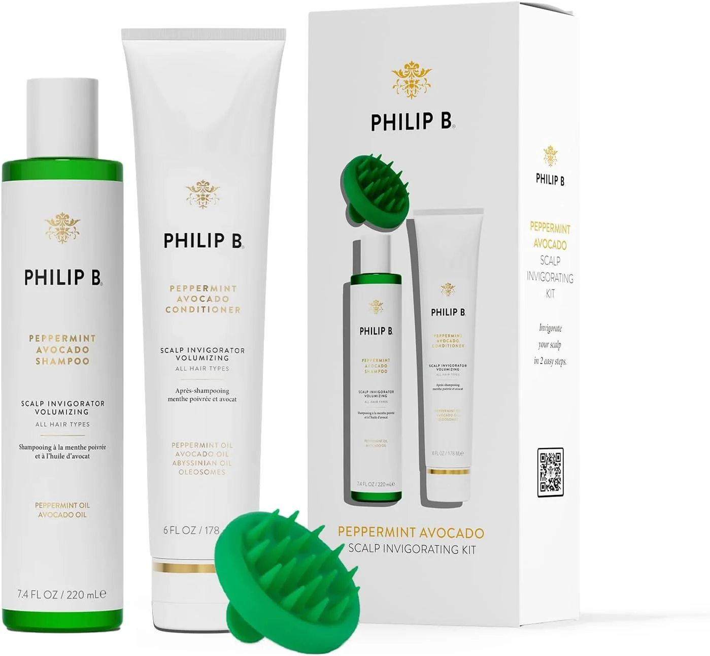مجموعه احیا کننده پوست سر نعناع فلفلی و آووکادو فیلیپ بی - شامل شامپو (220 میلی لیتر)، نرم کننده (180 میلی لیتر) و ماساژور پوست سر