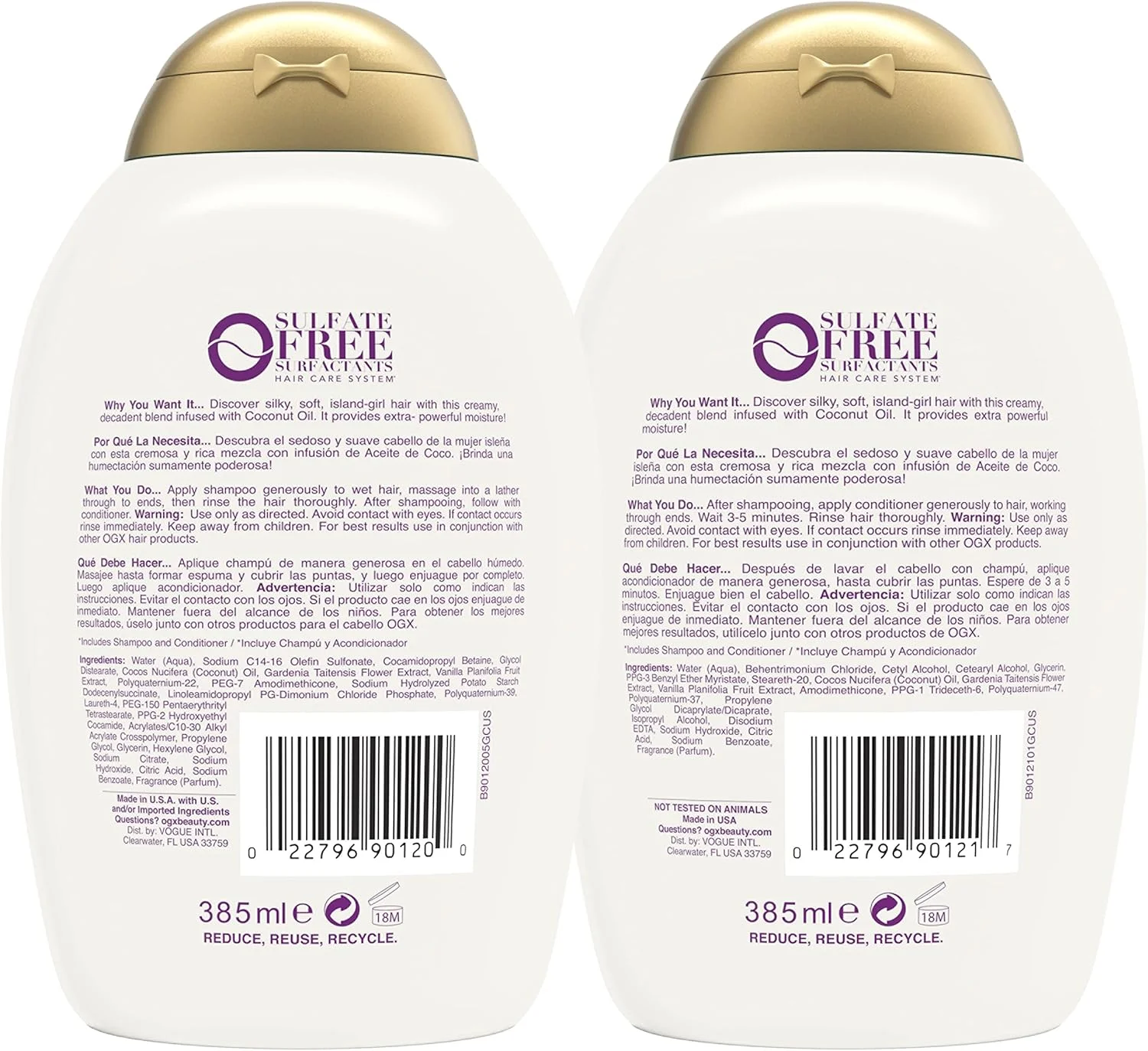 شامپو ترمیم کننده موهای آسیب دیده او جی ایکس حاوی روغن نارگیل - 2 عدد 385 میلی لیتر