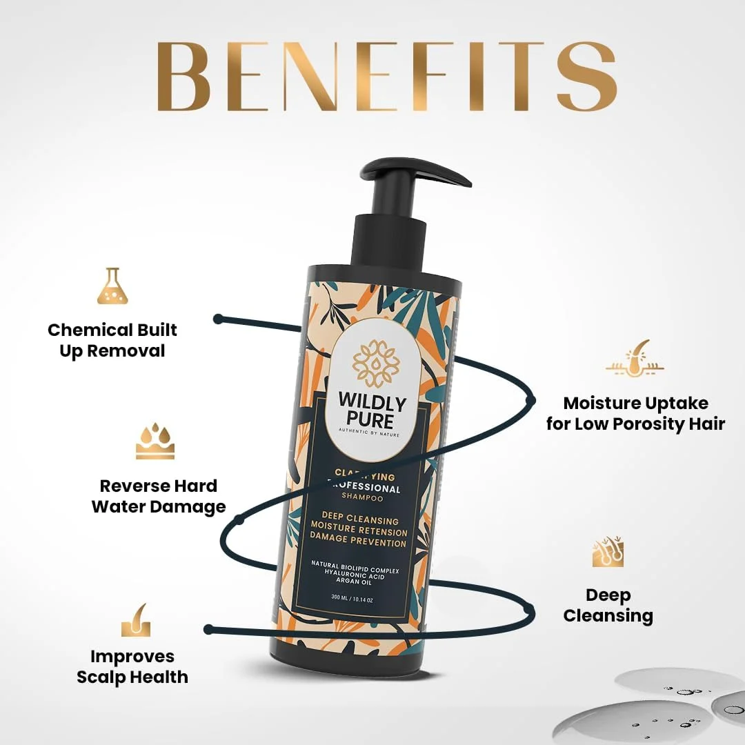 شامپو شفاف کننده WILDLY PURE برای آب سخت و آسیب فلز | برای پوست سر چرب و موهای کم منفذ | پاک کننده عمیق، تجمع و پوسته ها را از بین می برد | بدون سولفات، پارابن و سیلیکون | مردان و زنان | 300 میلی لیتر (بازنشانی)