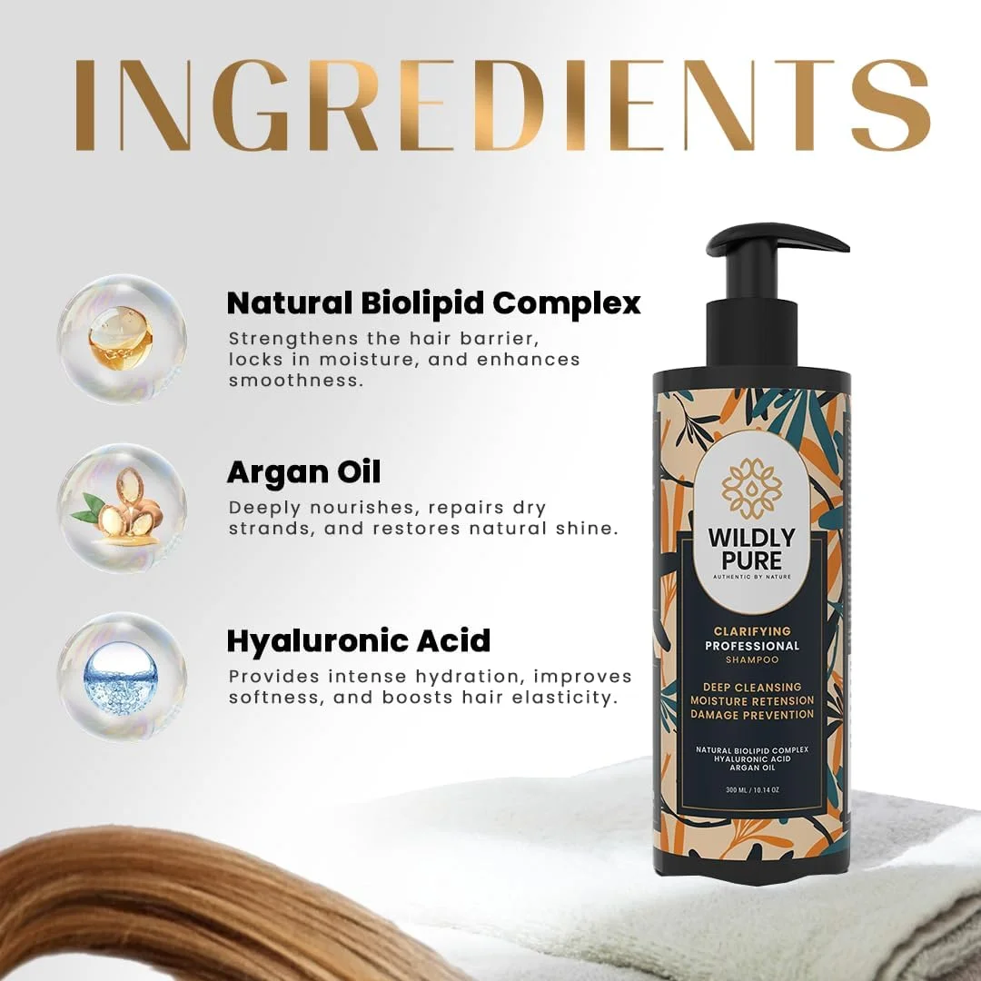 شامپو شفاف کننده WILDLY PURE برای آب سخت و آسیب فلز | برای پوست سر چرب و موهای کم منفذ | پاک کننده عمیق، تجمع و پوسته ها را از بین می برد | بدون سولفات، پارابن و سیلیکون | مردان و زنان | 300 میلی لیتر (بازنشانی)