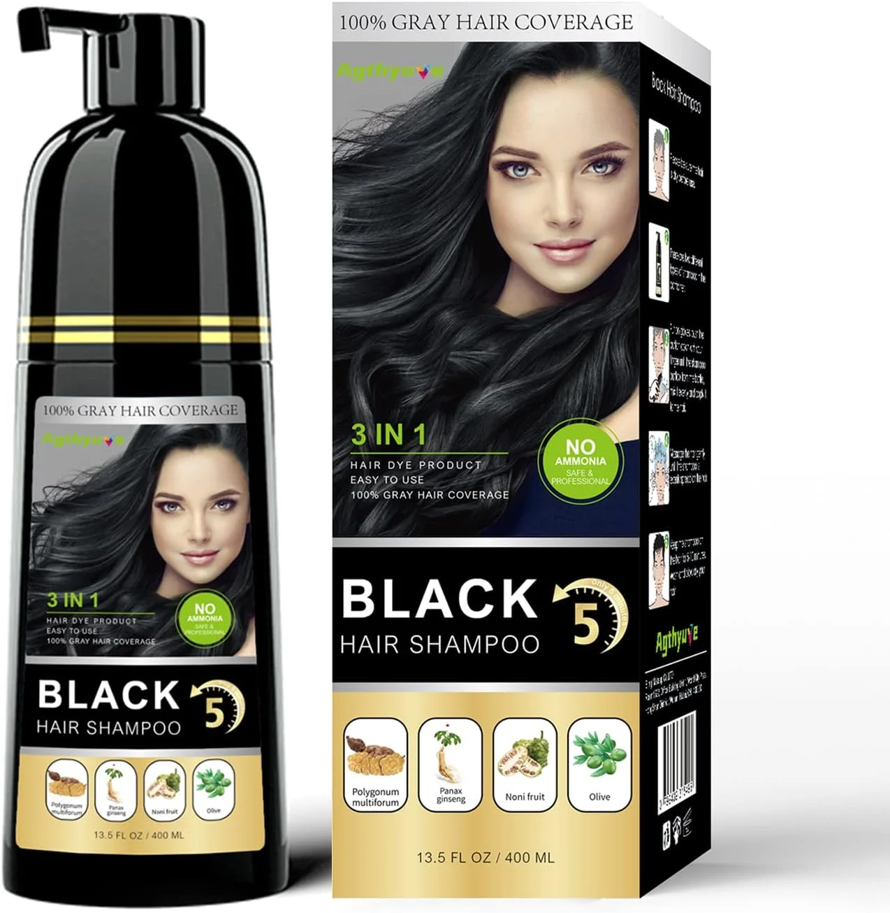 شامپو رنگ موی فوری مشکی طبیعی Agthyuve ۱۳.۵۳ Fl Oz، رنگ موی مشکی طبیعی نیمه دائمی، شامپو رنگ مو برای آقایان و خانم ها - فرمول گیاهی ملایم - بدون آمونیاک - پوشش ۱۰۰٪ موهای سفید ارسال از ایالات متحده
