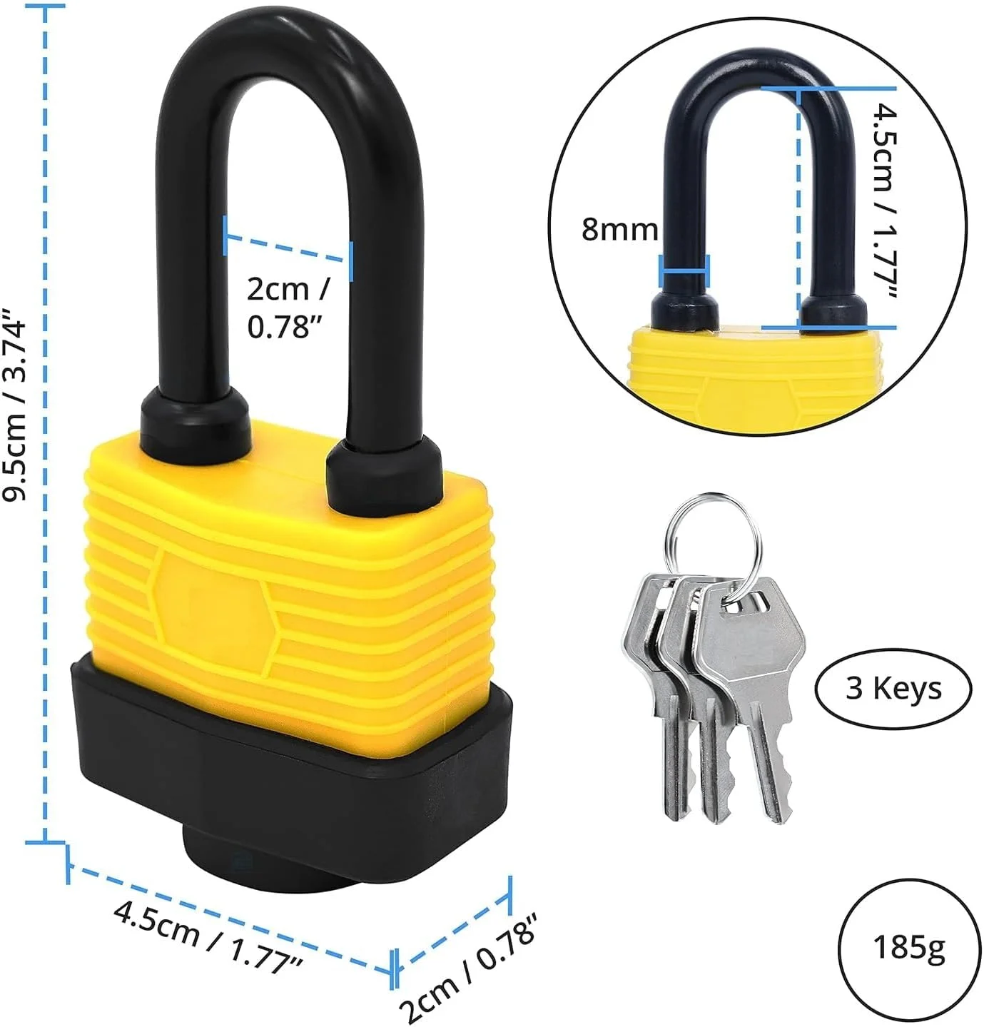 قفل پلاستیکی - قفل امنیتی 185G با ویژگی ضد گرد و غبار و ضد آب - 1 عدد قفل و 3 عدد کلید با محافظ - 21 لایه گالوانیزه سنگین با 8 پرچ - ضد سرقت مناسب دوچرخه، درب و قفل موتور سیکلت، زرد قفل پلاستیکی - قفل امنیتی 185G با ویژگی ضد گرد و غبار و ضد آب - 1 عدد قفل و 3 عدد کلید با محافظ - 21 لایه گالوانیزه سنگین با 8 پرچ - ضد سرقت مناسب دوچرخه، درب و قفل موتور سیکلت، زرد