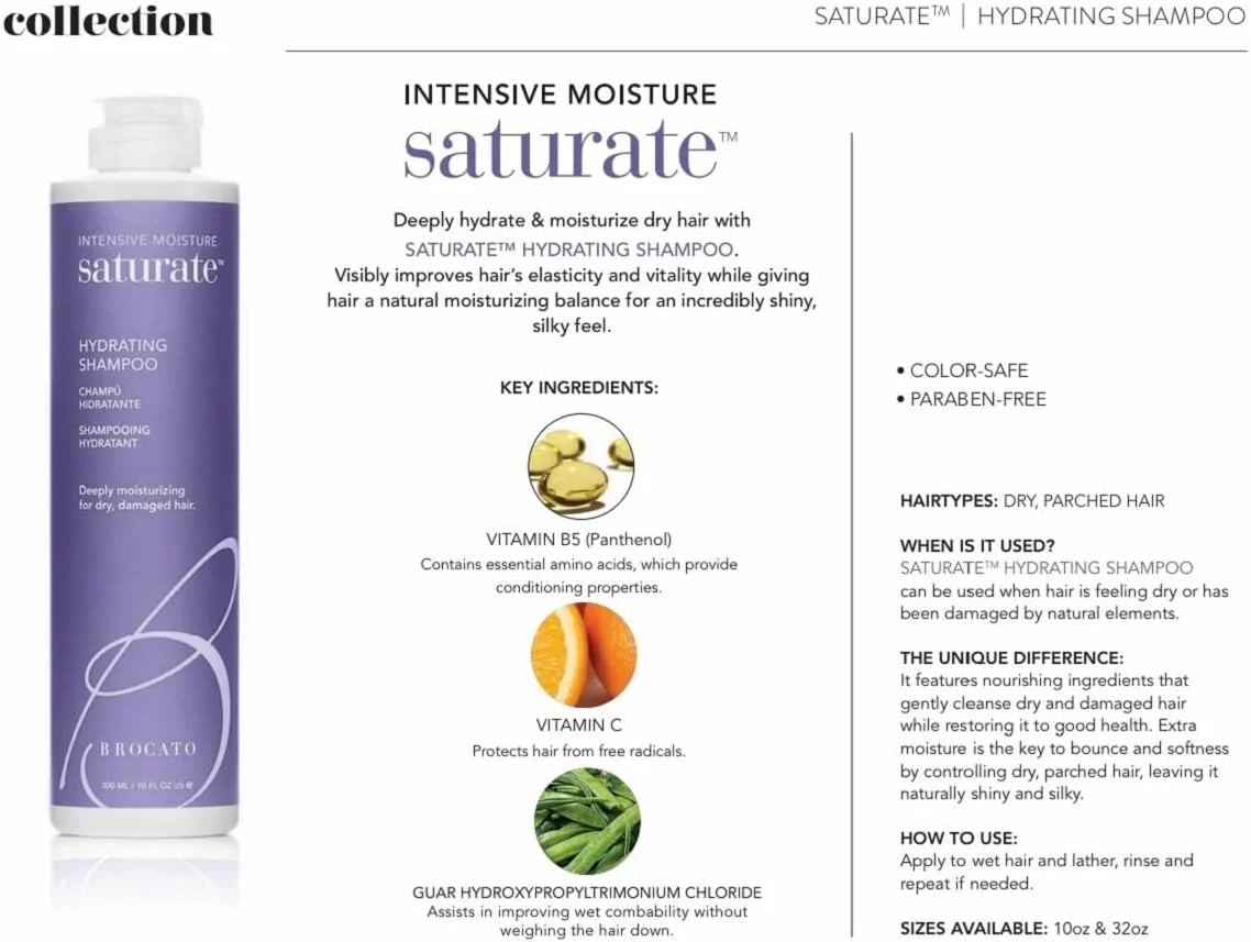 شامپو روزانه موهای خشک و آسیب دیده Brocato Saturate: شامپو آبرسان و مرطوب کننده قوی - فرمول مرطوب کننده ایمن برای موهای رنگ شده - فاقد سولفات و پارابن - 295 میلی لیتر