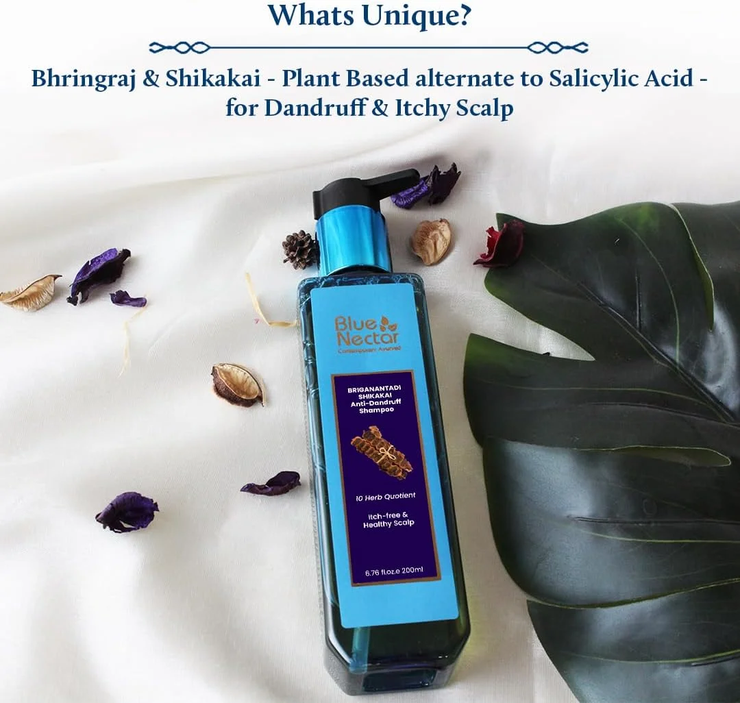 شامپو پاک کننده مو و پوست سر سالم ضد شوره سر بلو نکتار حاوی برینگراج، شیکاکای، مناسب برای موهای رنگ شده، موهای خشک و وز | جایگزین گیاهی اسید سالیسیلیک (10 گیاه، 200 میلی لیتر)