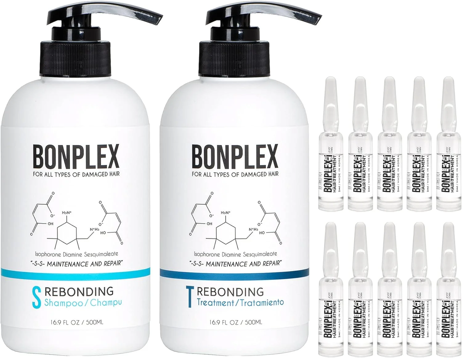 شامپو، درمان و آمپول ترمیم کننده موی باندینگ عالی BONPLEX | استحکام باند | بدون وز، صاف و درخشان | ترمیم شکستگی موخوره | کیت سه تایی کنسانتره ترمیم موهای آسیب دیده (500 میلی لیتر + 10 آمپول)
