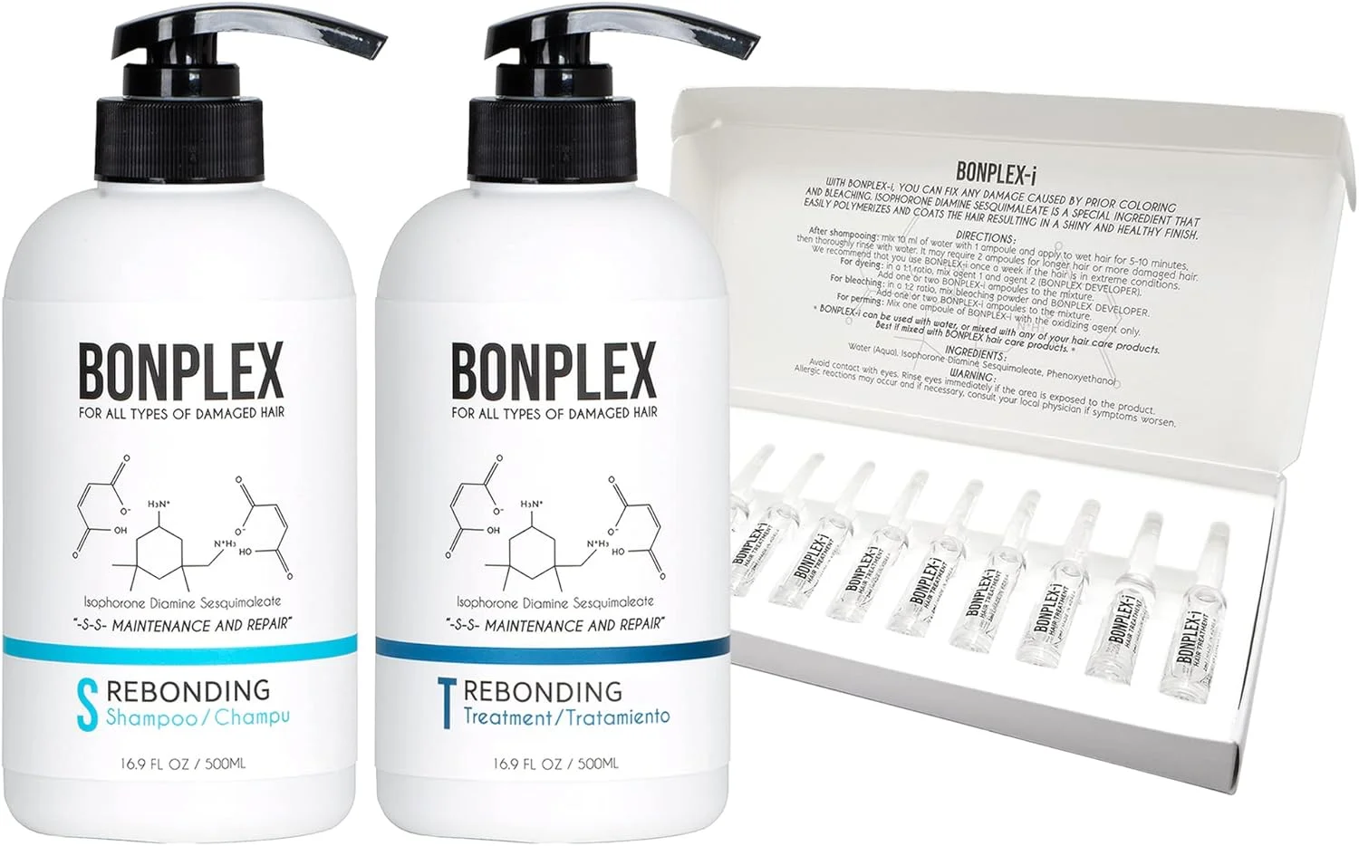 شامپو، درمان و آمپول ترمیم کننده موی باندینگ عالی BONPLEX | استحکام باند | بدون وز، صاف و درخشان | ترمیم شکستگی موخوره | کیت سه تایی کنسانتره ترمیم موهای آسیب دیده (500 میلی لیتر + 10 آمپول)