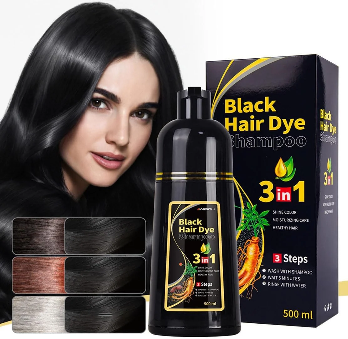 شامپو رنگ مو فوری مشکی 3 در 1 - ماندگاری طولانی، سریع برای آقایان و بانوان - مشکی برای موهای سفید - شامپو رنگ مو 500 میلی لیتری با استفاده آسان