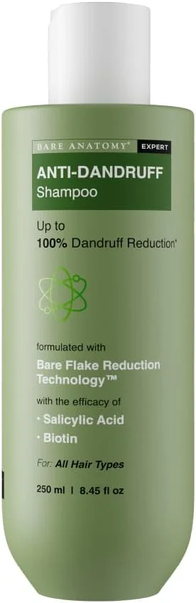 شامپو ضد شوره Bare Anatomy | کاهش تا 100% شوره سر و تقویت مو | شامپو مورد تایید متخصص پوست با اسید سالیسیلیک و بیوتین | شامپو برای انواع مو | برای زنان و مردان | 250 میلی لیتر
