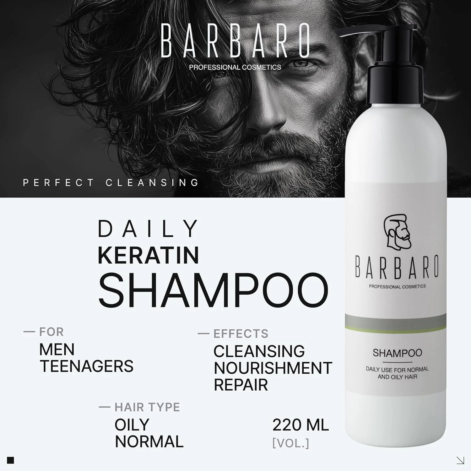 شامپو روزانه کراتین BARBARO برای آقایان، فرمول تقویت کننده و رشد مو، ضد ریزش مو، آبرسان و مرطوب کننده، بدون سولفات و پارابن، مراقبت از پوست سر، 220 میلی لیتر شامپو روزانه کراتین BARBARO برای آقایان، فرمول تقویت کننده و رشد مو، ضد ریزش مو، آبرسان و مرطوب کننده، بدون سولفات و پارابن، مراقبت از پوست سر، 220 میلی لیتر