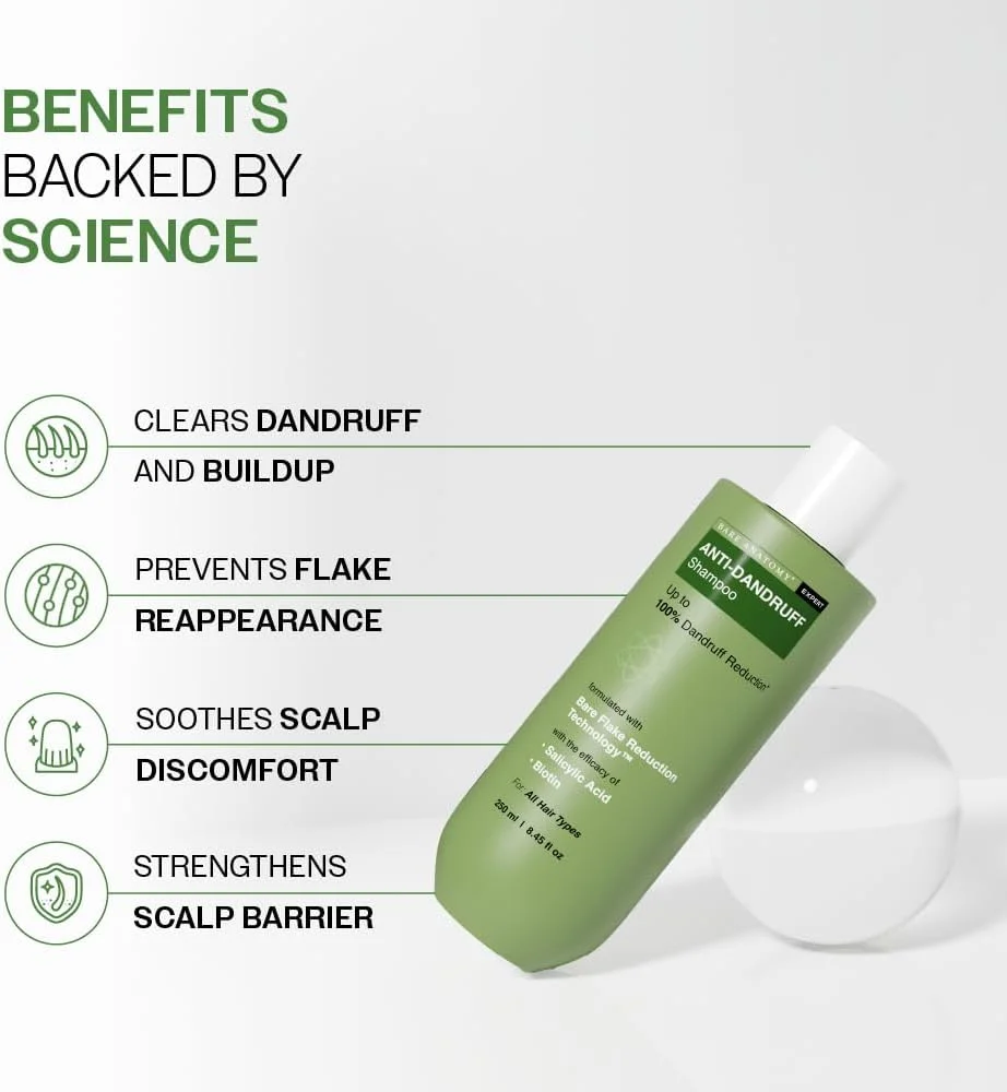 شامپو ضد شوره Bare Anatomy | کاهش تا 100% شوره سر و تقویت مو | شامپو مورد تایید متخصص پوست با اسید سالیسیلیک و بیوتین | شامپو برای انواع مو | برای زنان و مردان | 250 میلی لیتر