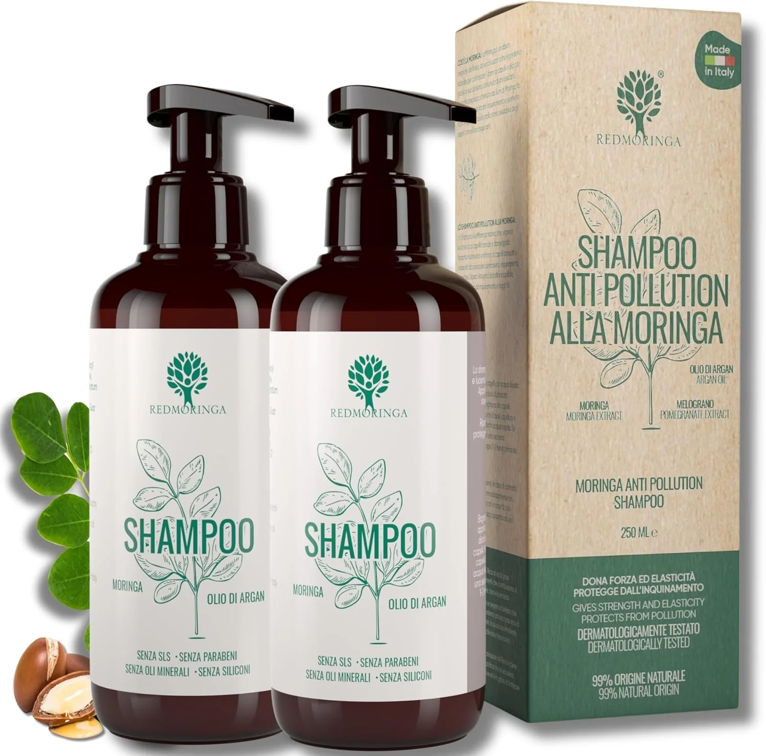 شامپو ضد آلودگی با مورینگا، تمیز کننده مو تا 72 ساعت، 99.5% طبیعی، برای موهای معمولی و آسیب دیده، مورینگا، روغن آرگان، انار، محصول ایتالیایی RedMoringa - 500 میلی لیتر
