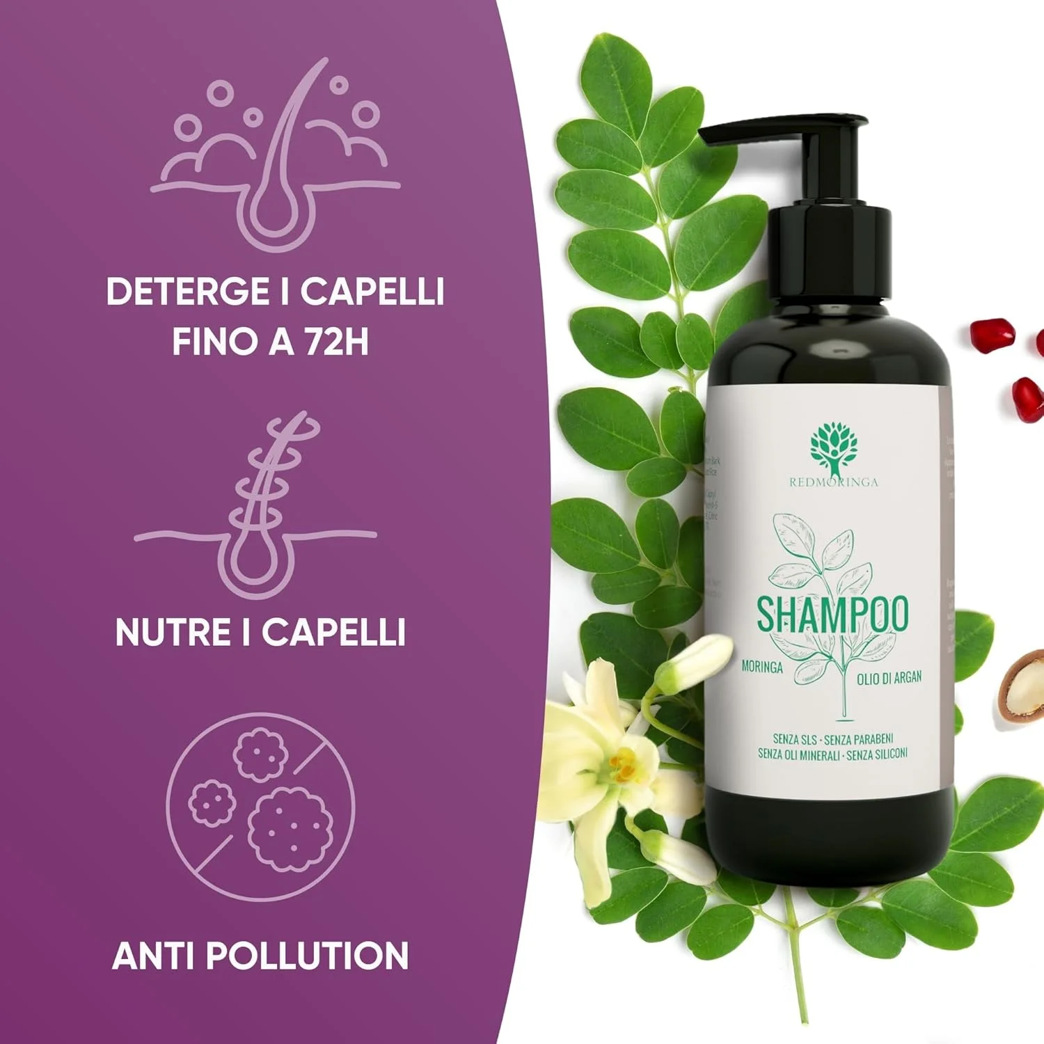 شامپو ضد آلودگی با مورینگا، تمیز کننده مو تا 72 ساعت، 99.5% طبیعی، برای موهای معمولی و آسیب دیده، مورینگا، روغن آرگان، انار، محصول ایتالیایی RedMoringa - 500 میلی لیتر