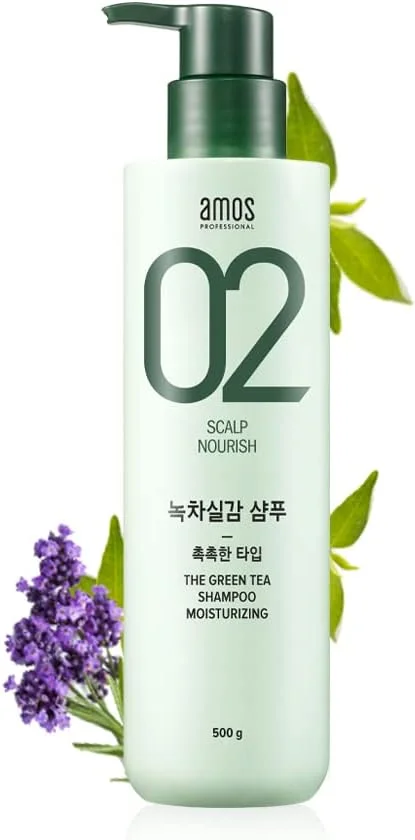 شامپو مرطوب کننده چای سبز AMOS PROFESSIONAL (تجدید شده) [برای پوست سر معمولی/خشک] 500 گرم | شامپو ضد ریزش و تقویت کننده مو برای رشد و رطوبت مو | برند سالن آرایش مو کره ای