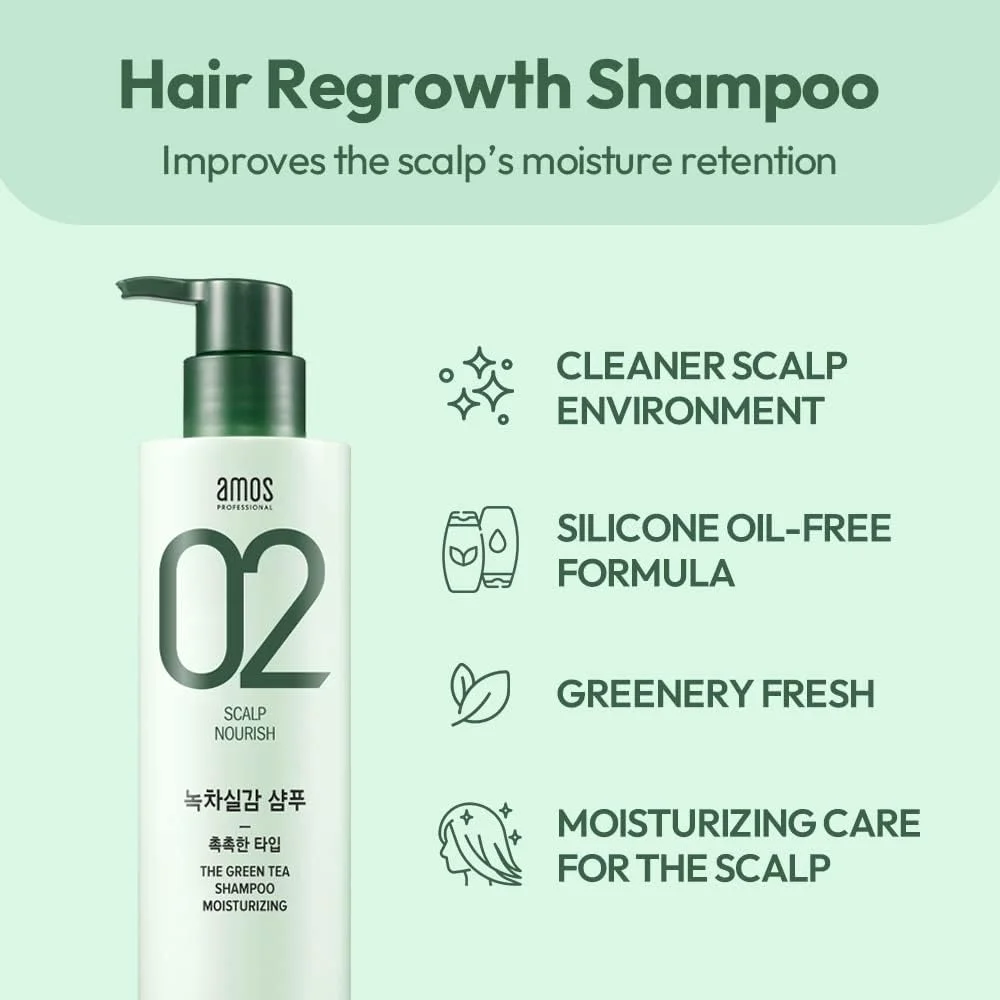 شامپو مرطوب کننده چای سبز AMOS PROFESSIONAL (تجدید شده) [برای پوست سر معمولی/خشک] 500 گرم | شامپو ضد ریزش و تقویت کننده مو برای رشد و رطوبت مو | برند سالن آرایش مو کره ای