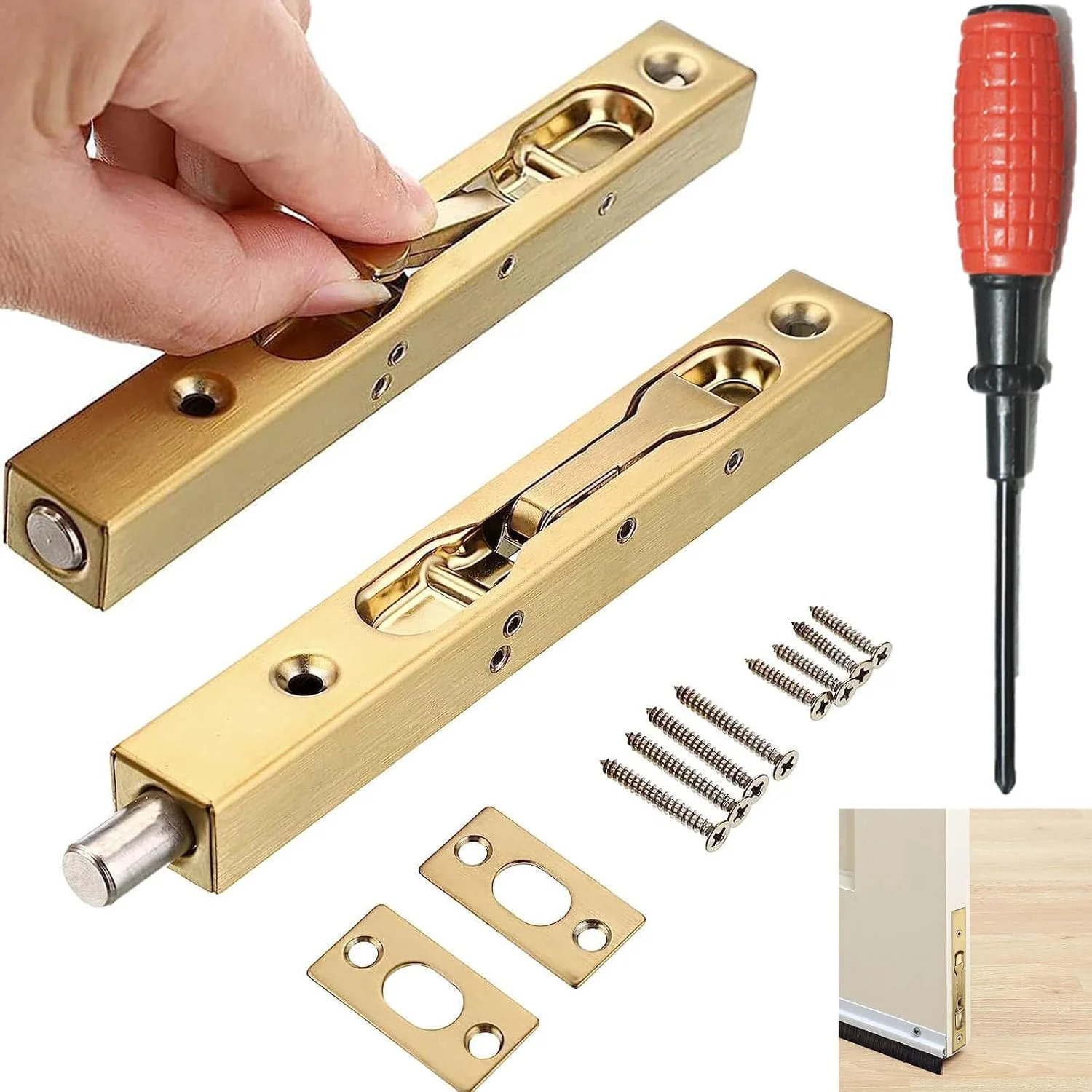 قفل زبانه ای ۶ اینچی درب FesFun®، 2 عدد، قفل های امنیتی استیل ضد زنگ مخفی با سخت افزار، قفل های زبانه ای همسطح برای درب های چوبی کامپوزیت فرانسوی، طلایی