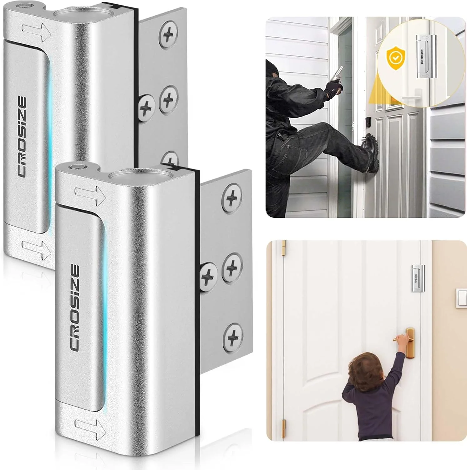 قفل درب امنیتی منزل، بسته 2 عددی، قفل تقویت کننده درب فلزی برای ایمنی کودک، 3 اینچی، مقاوم در برابر 800 پوند ضربه برای درب های چرخشی به داخل، قفل درب امنیتی مدافع، جلوگیری از ورود غیرمجاز (نقره ای)