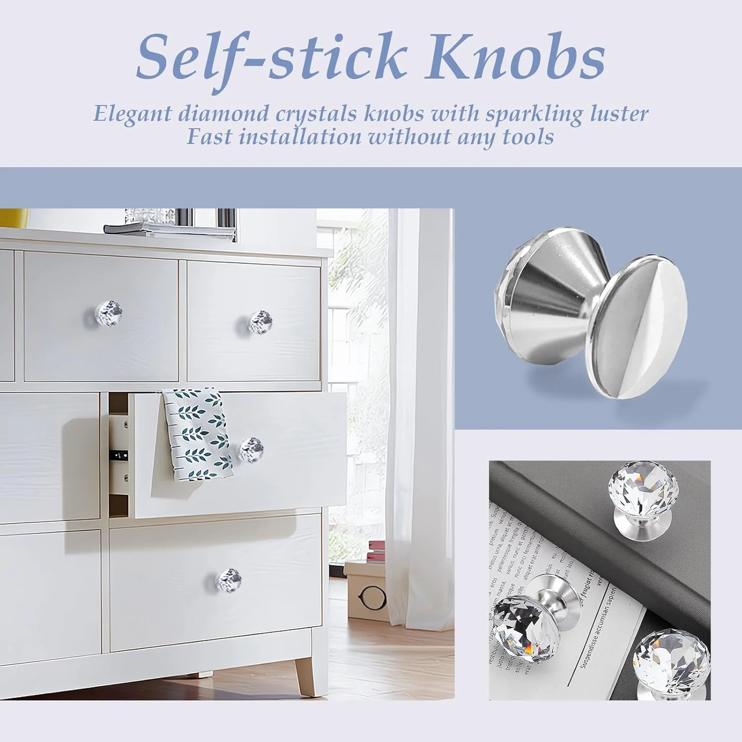 بسته چهارتایی دستگیره کریستالی خودچسب Elistonie، دستگیره های کریستالی الماسی شکل خودچسب، دستگیره درب آینه ای بدون نیاز به دریل برای کابینت دارو، دستگیره درب های شیشه ای کشویی برای چسباندن تراریوم