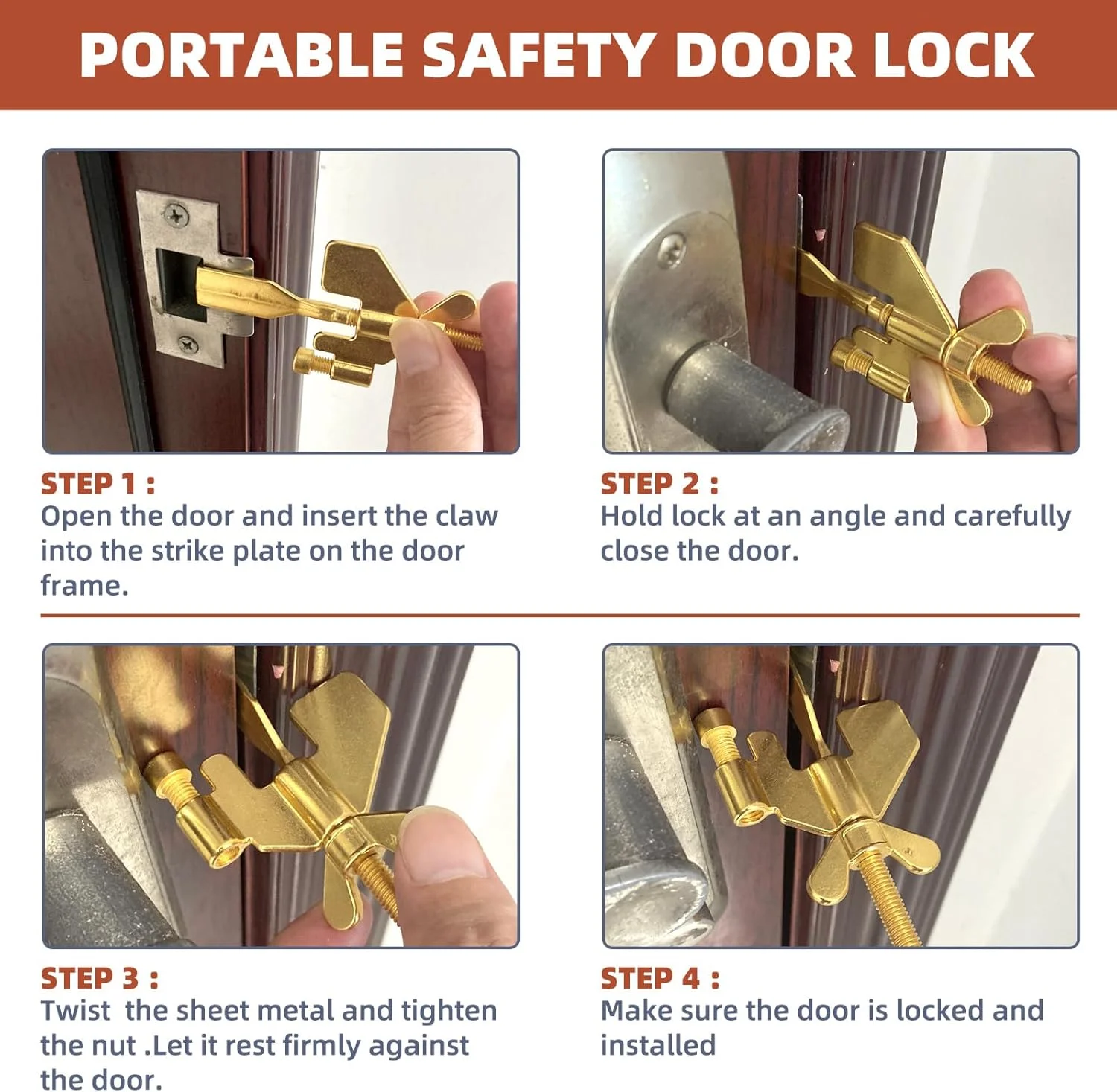 قفل درب قابل حمل ارتقا یافته woiron، بسته 2 عددی، قفل های امنیتی درب منزل برای ایمنی و حریم خصوصی بیشتر، مناسب برای خانه، هتل، مدرسه، آپارتمان (طلایی)