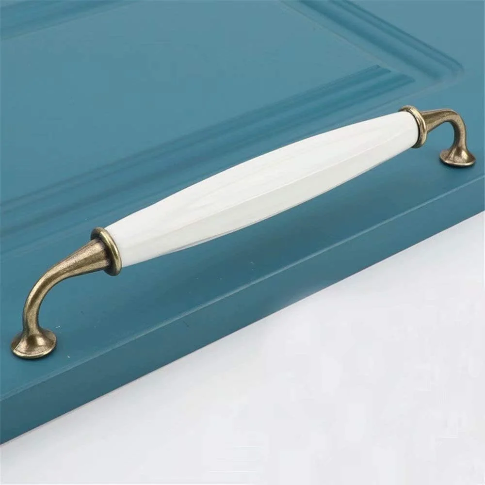 10 عدد دستگیره سرامیکی سفید کلاسیک به سبک قدیمی برای کشو، کمد، کابینت، دستگیره های کششی درب (فاصله سوراخ برنزی 192 میلی متر)