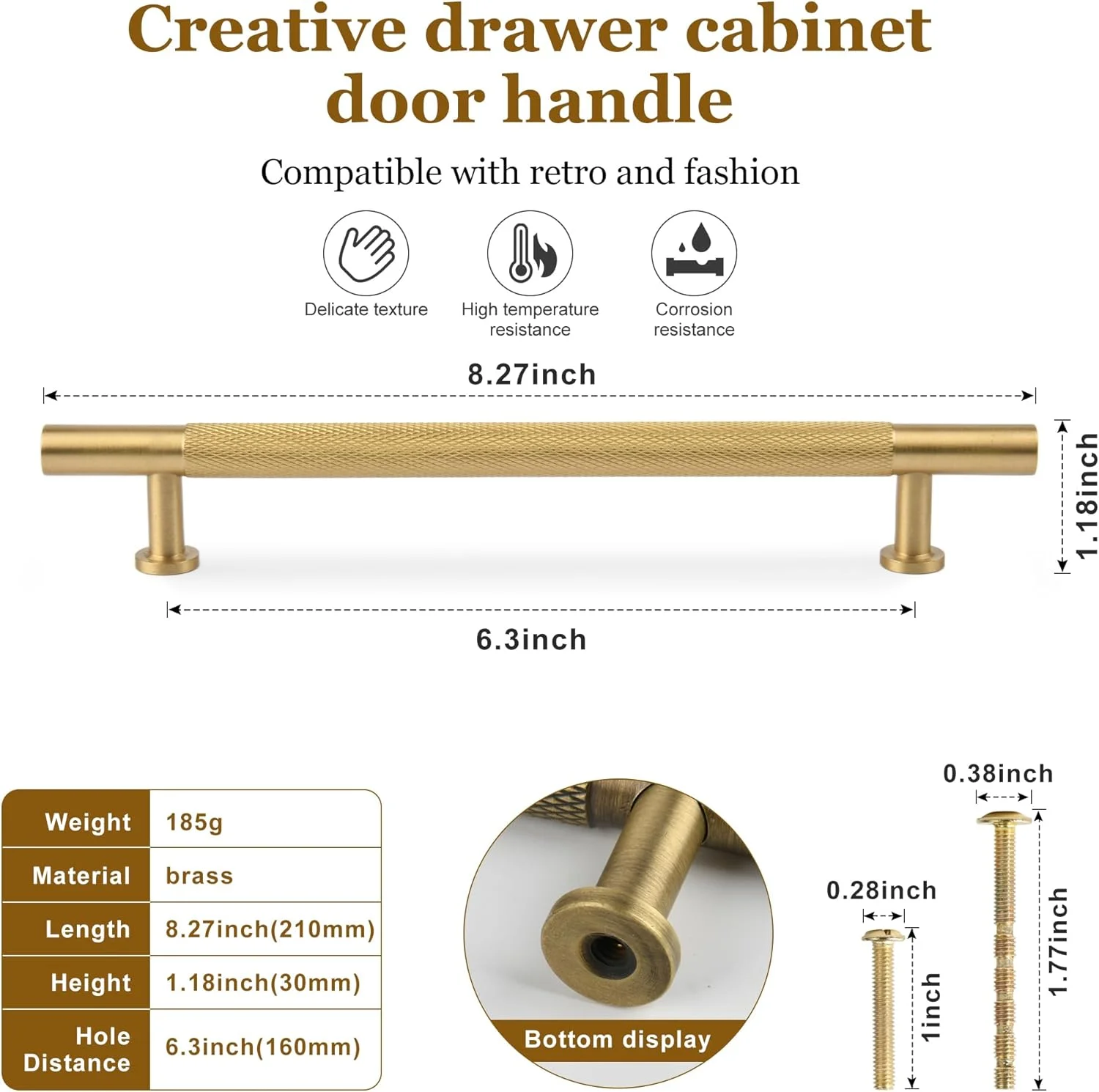 دستگیره کابینت طلایی مات Urnew، بسته 2 عددی، دستگیره کشو آشپزخانه برنجی جامد، فاصله مرکز سوراخ 6-1/4 اینچ، دستگیره درب کمد حمام و مبلمان