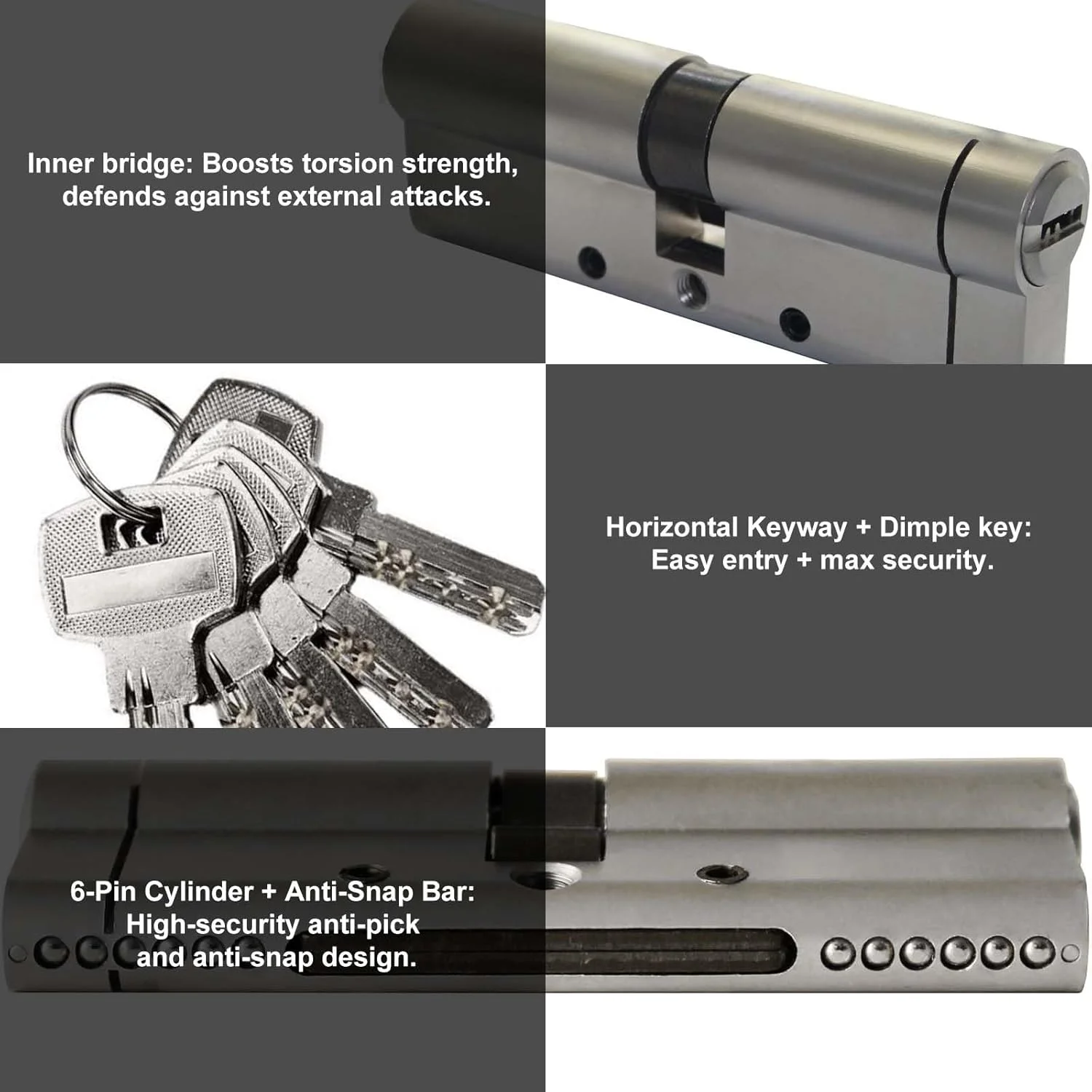 سیلندر قفل درب ضد سرقت یورو SEPOX® 70mm (35/35)، 6 پین با امنیت بالا، بدنه برنجی، میله فولادی ضد زنگ تقویت شده ضد دریل و ضد باز کردن، با 5 کلید