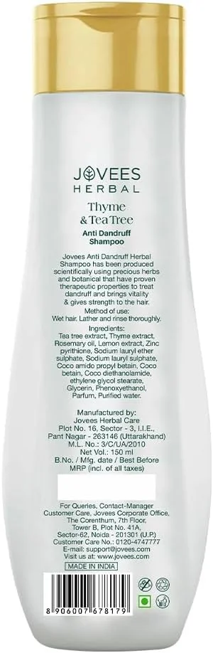 شامپو ضد شوره سر آویشن و درخت چای گیاهی جویز | حاوی عصاره درخت چای، آویشن و لیمو | مناسب انواع مو | جلوگیری از شوره سر و خشکی پوست سر 150 میلی لیتر