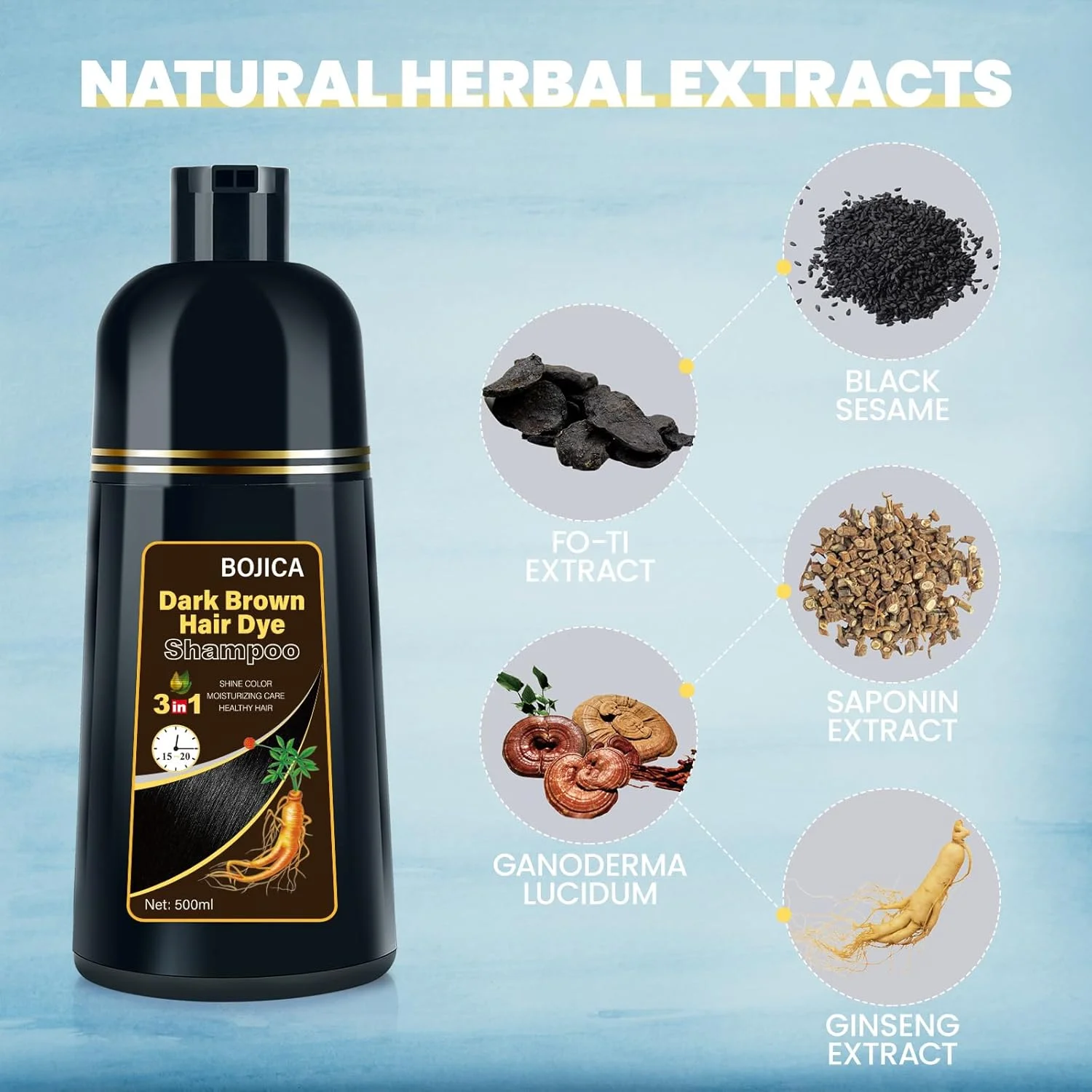 شامپو رنگ مو کایساسا - شامپو رنگ مو قهوه ای تیره برای موهای سفید، شامپو رنگ موی گیاهی فوری 3 در 1 حاوی عصاره جینسینگ برای آقایان و بانوان 500 میلی لیتر قهوه ای تیره