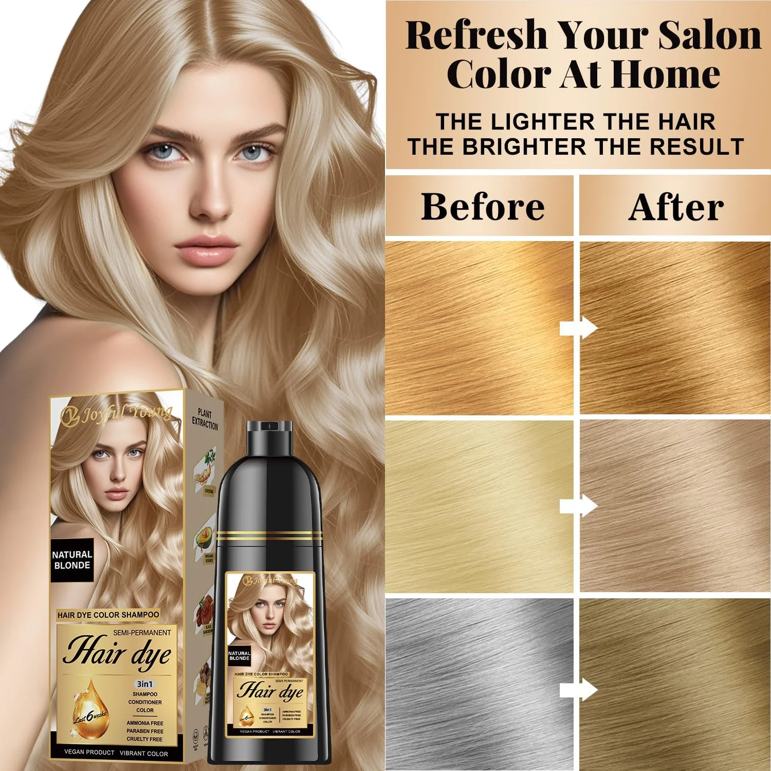 شامپو رنگ موی طبیعی جوان کننده 3 در 1، رنگ مو برای پوشش موهای سفید، شامپو رنگ مو برای خانم ها، رنگ ریش شامپویی برای آقایان، شامپو موی وگان بدون آمونیاک (بلوند طبیعی)