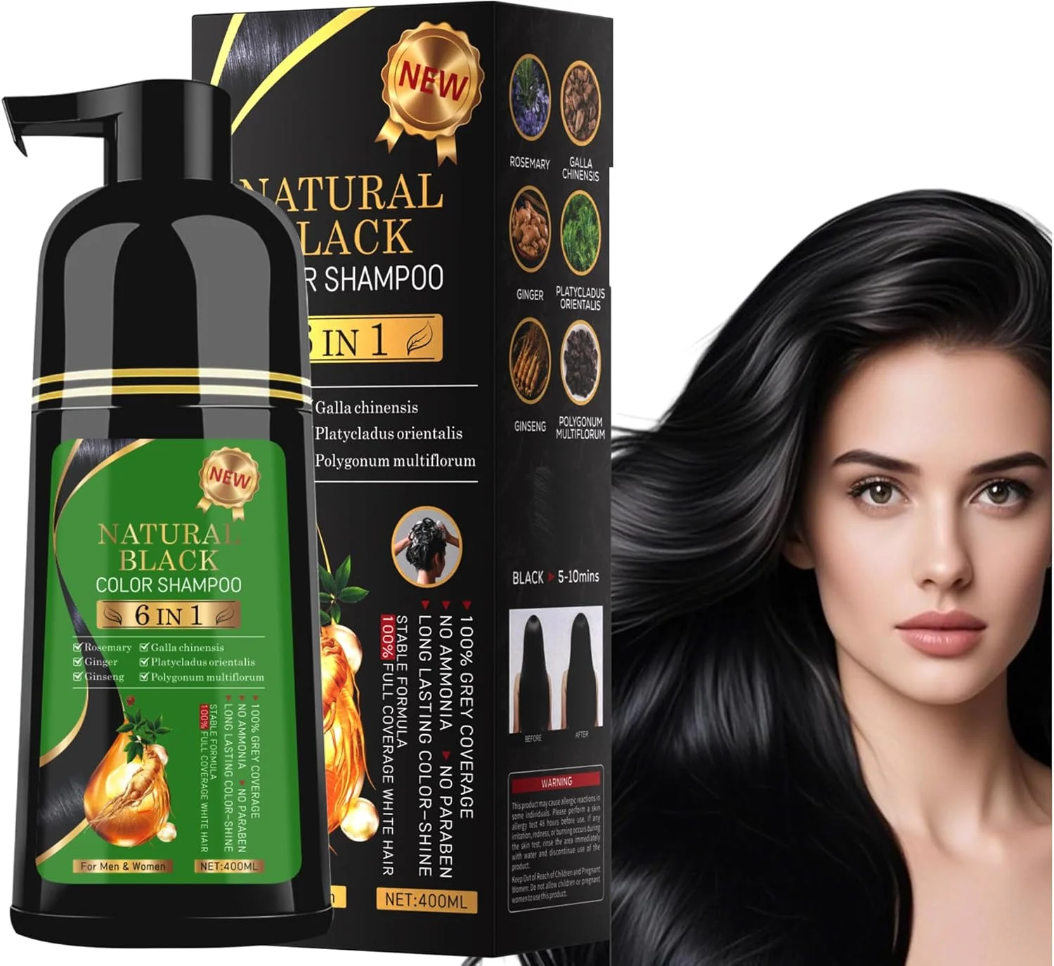 شامپو رنگ موی مشکی LBOYLOVE® 6 در 1، فرمول گیاهی طبیعی унисекс، شامپو رنگ مو برای پوشش موهای سفید در خانه و سالن (مشکی طبیعی)