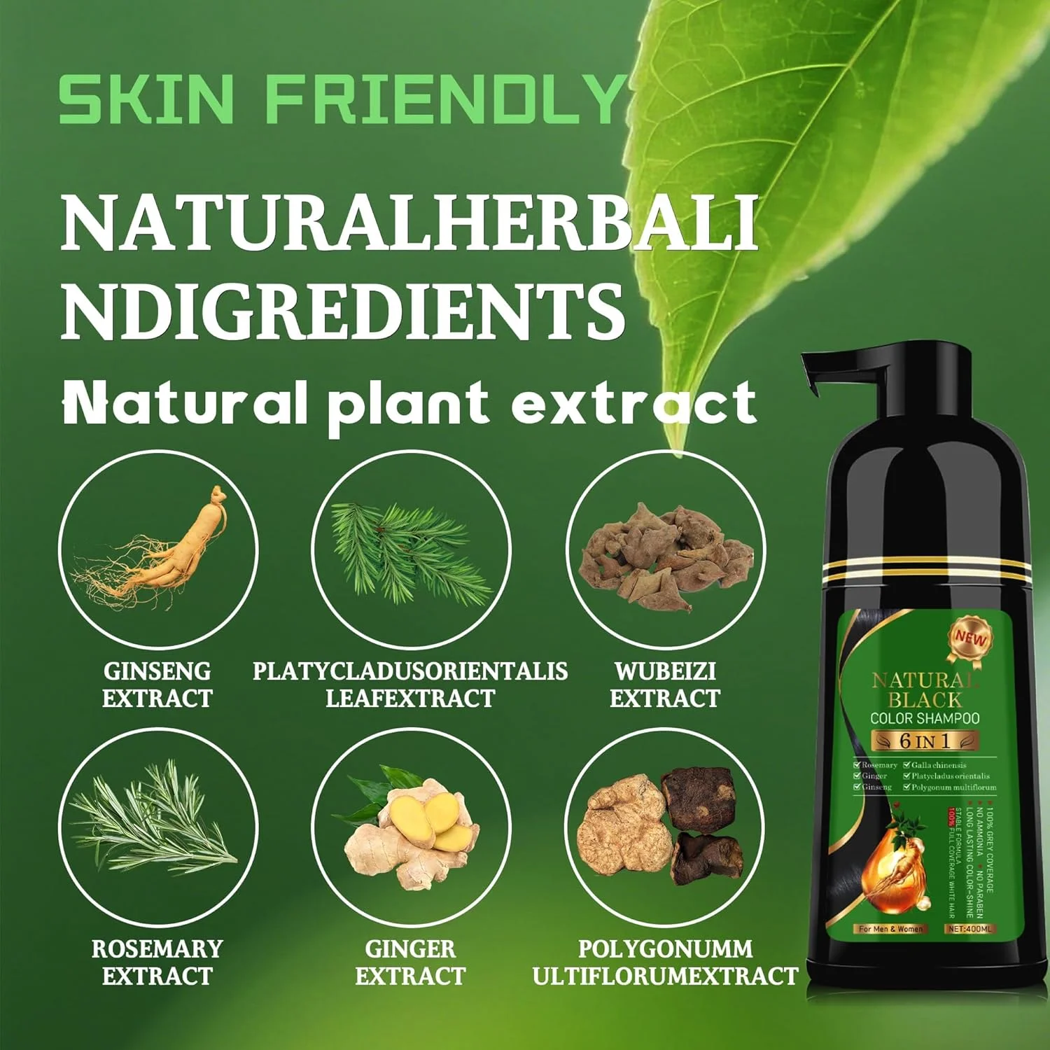 شامپو رنگ موی مشکی LBOYLOVE® 6 در 1، فرمول گیاهی طبیعی унисекс، شامپو رنگ مو برای پوشش موهای سفید در خانه و سالن (مشکی طبیعی)