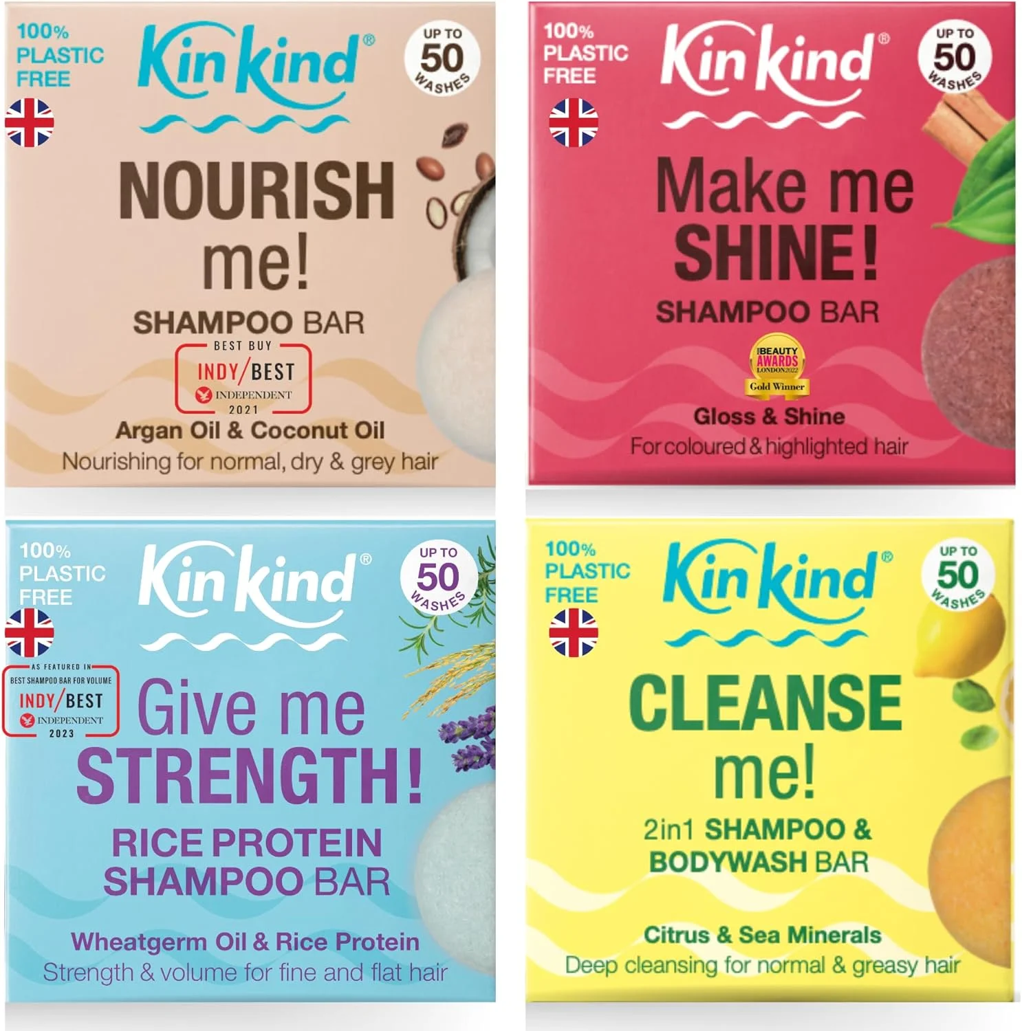 مجموعه شامپو بار کین‌کایند، 4 عدد بار سازگار با محیط زیست و بدون صابون، تغذیه کننده، براق کننده، تقویت کننده و پاک کننده با مواد طبیعی