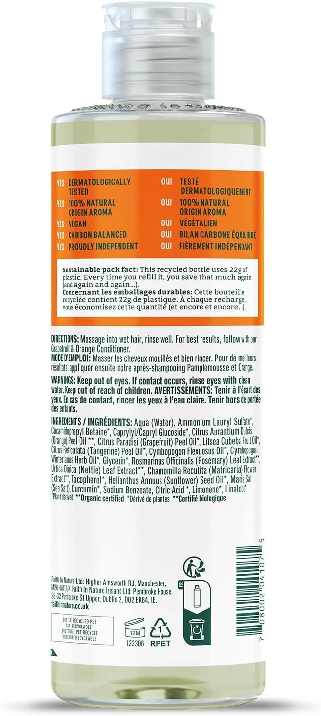 شامپو طبیعی گریپ فروت و پرتقال Faith In Nature، نشاط بخش، وگان و بدون تست حیوانی، بدون SLS یا پارابن، برای موهای معمولی تا چرب، 400 میلی لیتر شامپو طبیعی گریپ فروت و پرتقال Faith In Nature، نشاط بخش، وگان و بدون تست حیوانی، بدون SLS یا پارابن، برای موهای معمولی تا چرب، 400 میلی لیتر