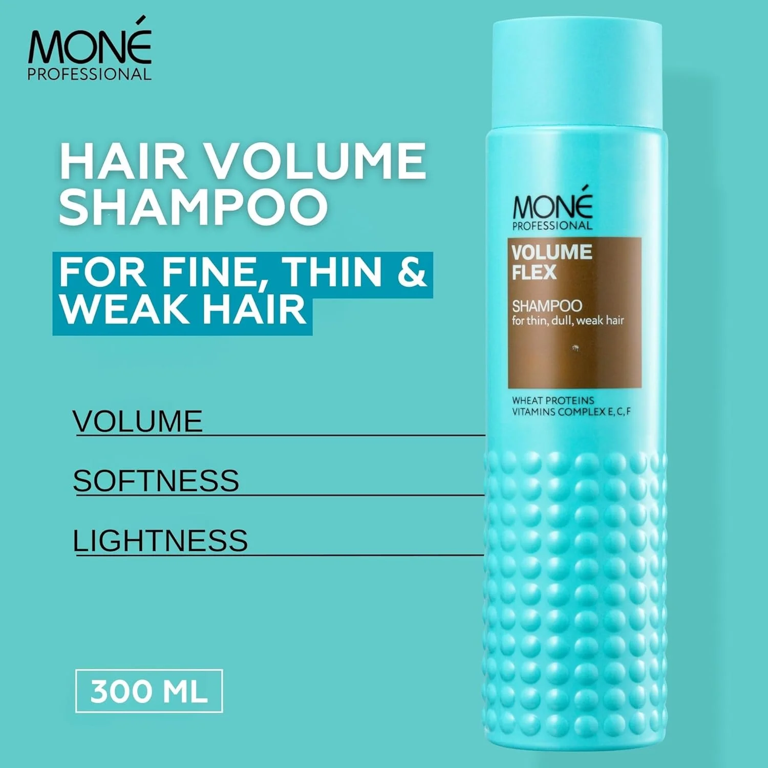 شامپو حجم دهنده موهای نازک، کم پشت و ضعیف Mone PROFESSIONAL – حجم و نرمی سبک با پروتئین گندم + ویتامین های E، C و F – pH 6.0 – 300 میلی لیتر شامپو حجم دهنده موهای نازک، کم پشت و ضعیف Mone PROFESSIONAL – حجم و نرمی سبک با پروتئین گندم + ویتامین های E، C و F – pH 6.0 – 300 میلی لیتر