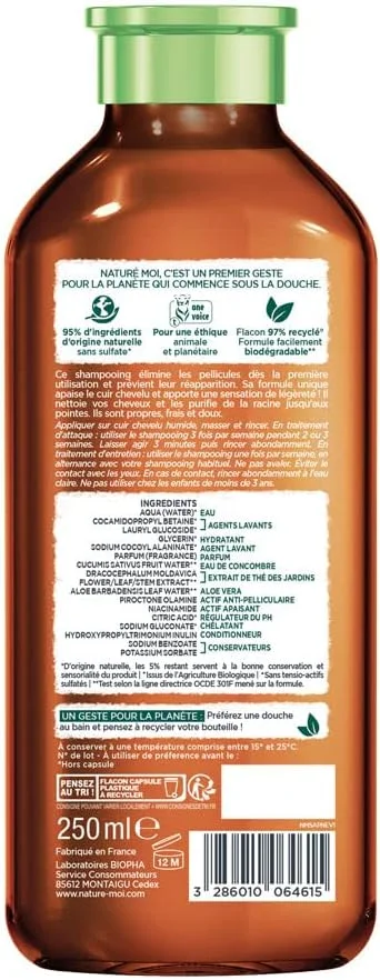 ناتوره موآ - شامپو ضد شوره - موهای معمولی - شامپو بدون سولفات - مراقبت از مو شوره سر - چای، آب خیار ارگانیک - 95% منشاء طبیعی - 250 میلی لیتر