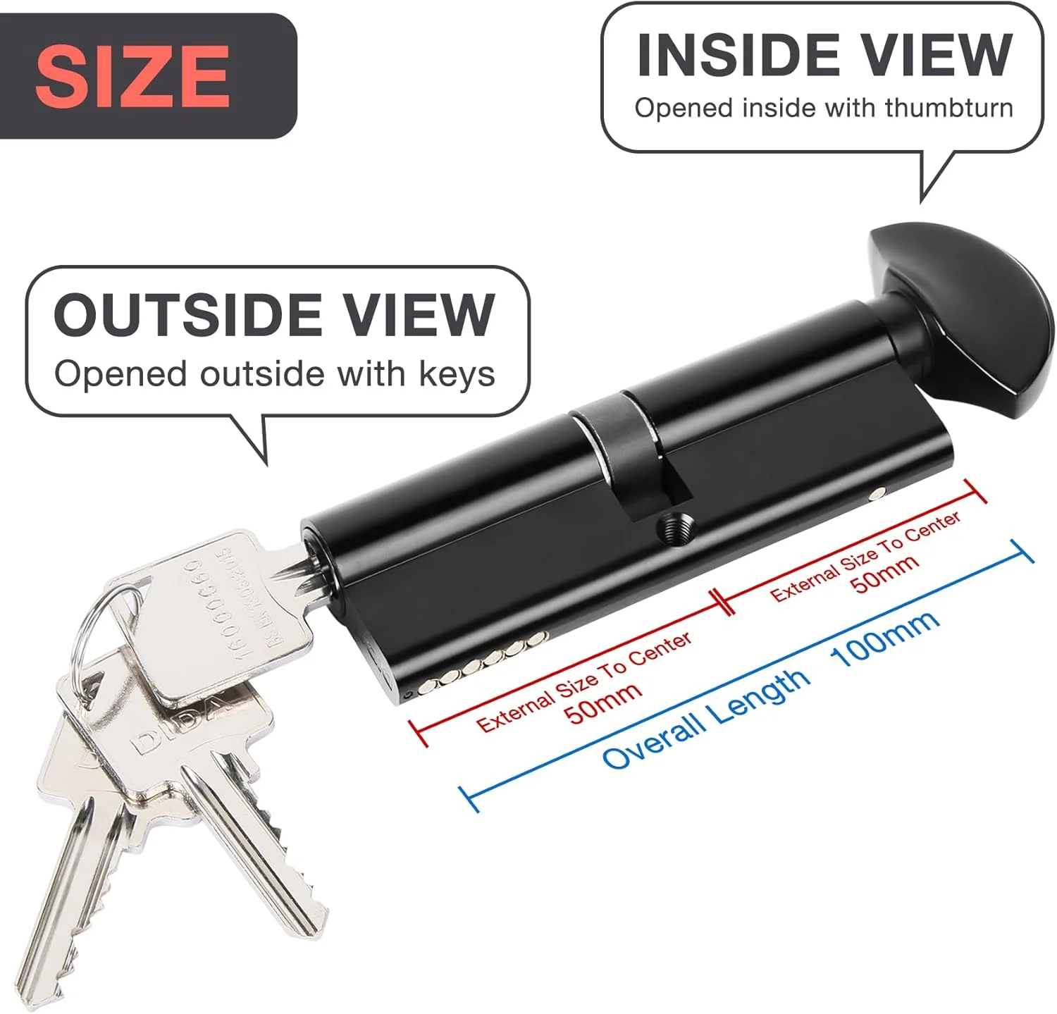 قفل سیلندر یورویی با شستی چرخشی دیدا 100 میلی‌متری، قفل بشکه‌ای UPVC 50T/50 به همراه 3 کلید، ضد ضربه، ضد سوراخکاری، ضد بازکردن قفل