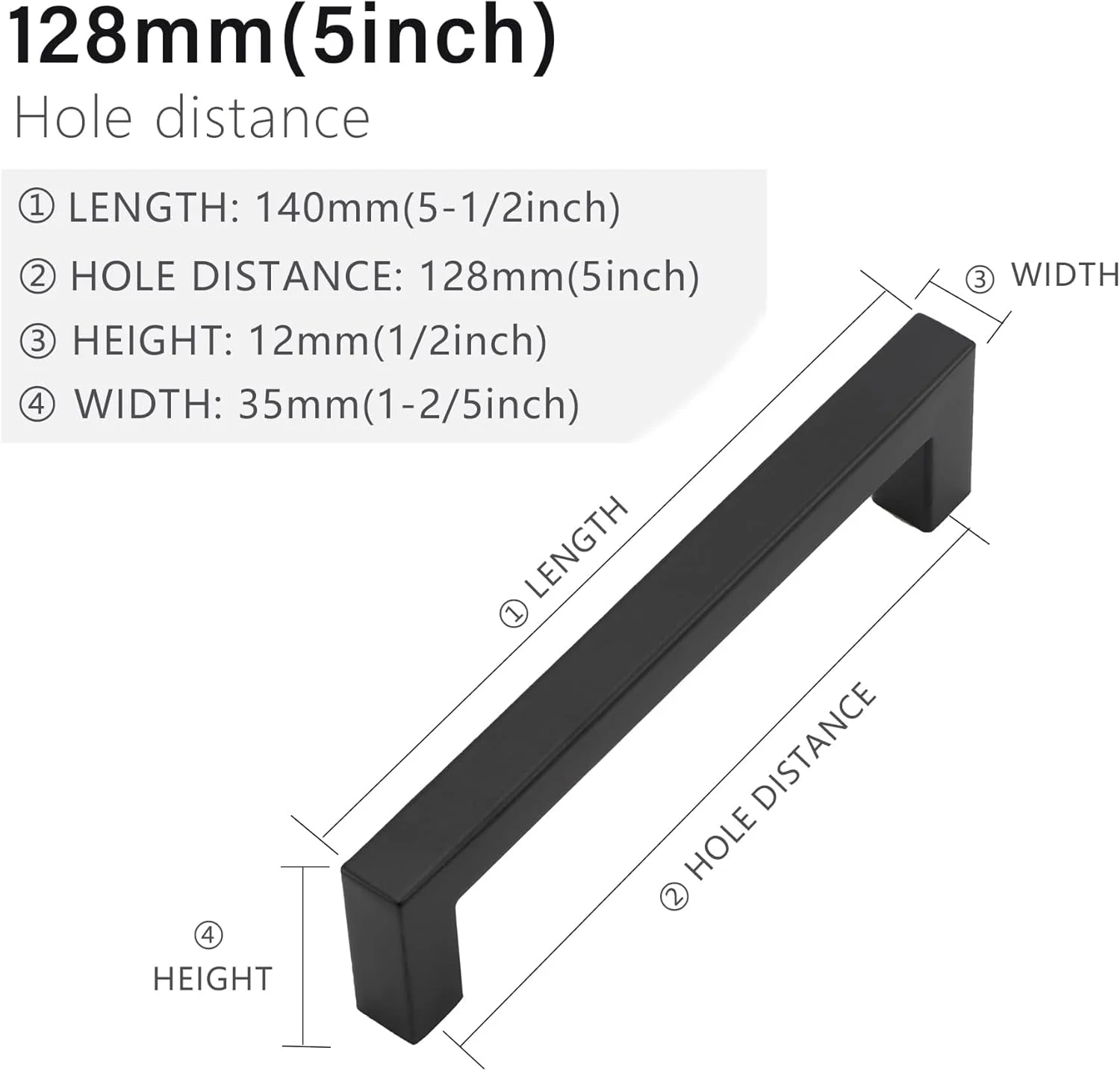 دستگیره کابینت مربعی مشکی مات و دستگیره کشو، بسته 2 عددی 5 اینچی، سخت افزار آشپزخانه استیل ضد زنگ، فاصله مرکز سوراخ 128 میلی متر برای کابینت، درب کشو