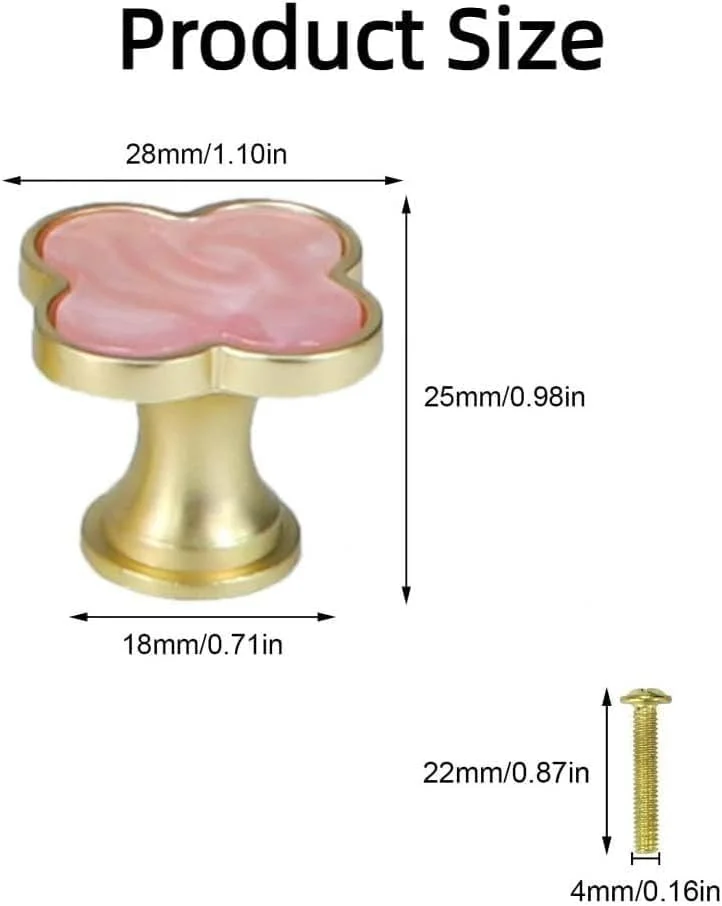 دستگیره شبدر چهار برگ، آلیاژ روی، 6 عدد، صورتی، به همراه پیچ برای کابینت، کمد، کشو، مبلمان آشپزخانه، کمد لباس