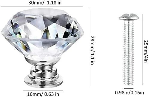 دسته کابینت کریستالی ETTBC، 20 عددی، 30 میلی‌متری، دستگیره شفاف الماس کریستالی برای کشو کابینت، درب کابینت به همراه پیچ برای منزل، اداره، کمد و کشو