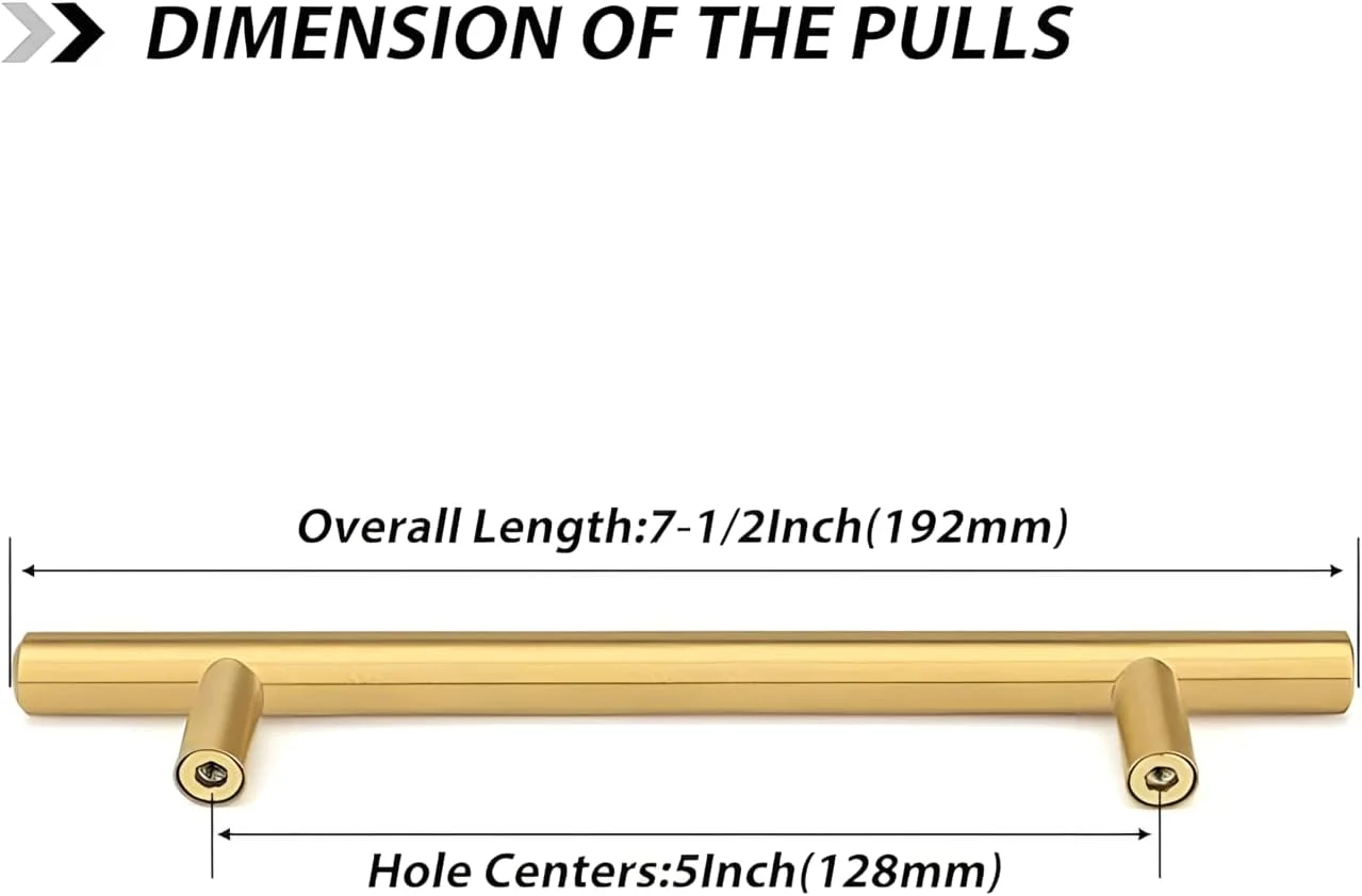 دستگیره کابینت آشپزخانه مدل FIRST PRO بسته 10 عددی، طلایی مدرن، T شکل، فولاد ضد زنگ و برنجی، طول 200 میلی متر، فاصله مرکز سوراخ 128 میلی متر به همراه پیچ