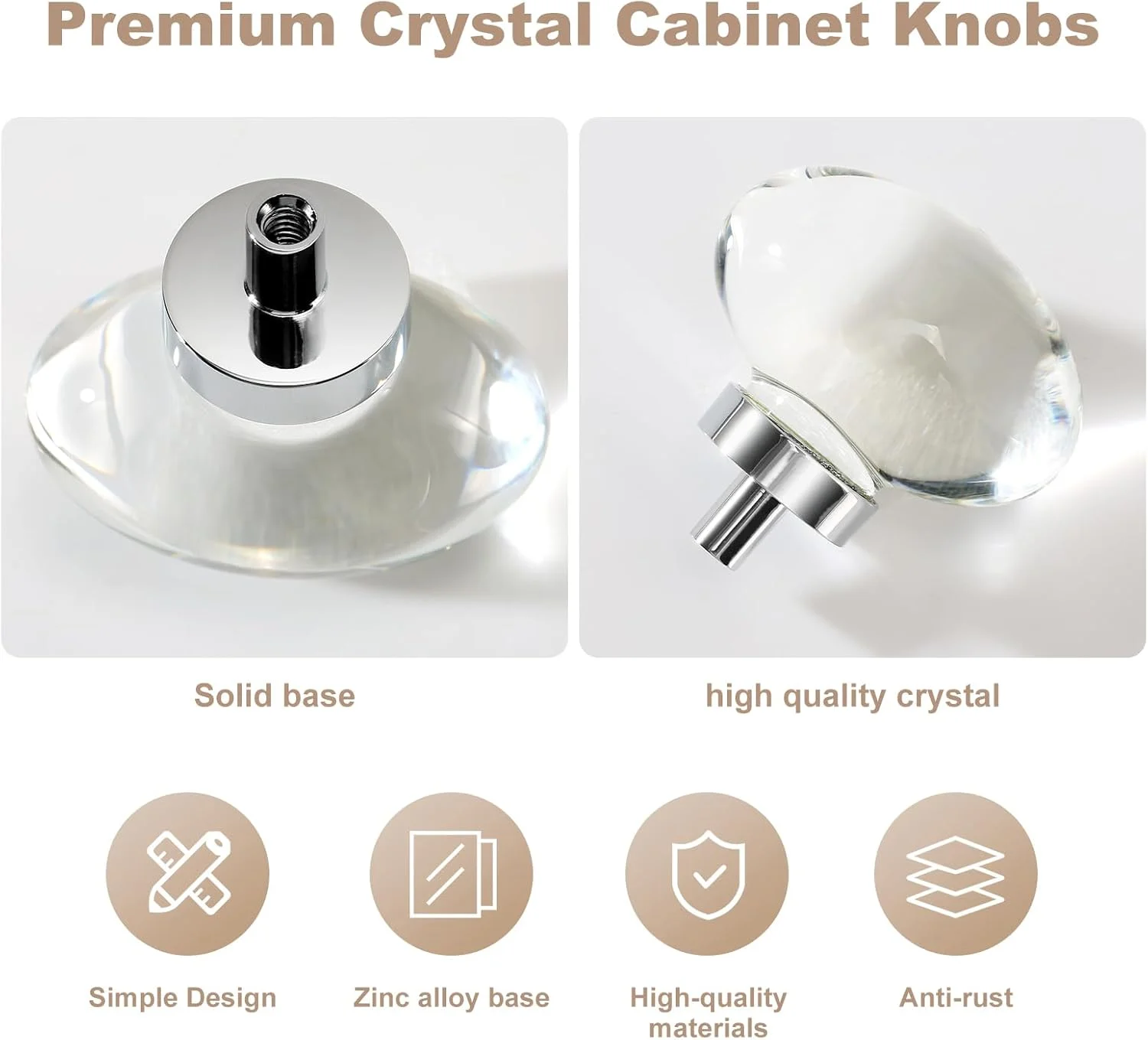 CLCTK بسته 4 عددی دستگیره کابینت شیشه ای کروم براق، دستگیره های کریستالی کروم برای کشوهای کمد، آشپزخانه، حمام، کابینت بیضی شکل