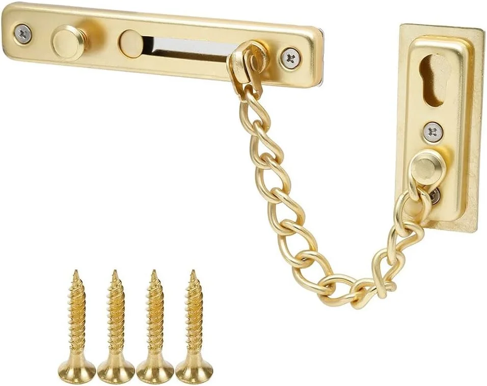 قفل زنجیری درب JZS با فنر، محافظ زنجیر درب ایمنی استیل ضد زنگ، قفل فشاری ضد سرقت برای درب، پنجره - طلایی قفل زنجیری درب JZS با فنر، محافظ زنجیر درب ایمنی استیل ضد زنگ، قفل فشاری ضد سرقت برای درب، پنجره - طلایی