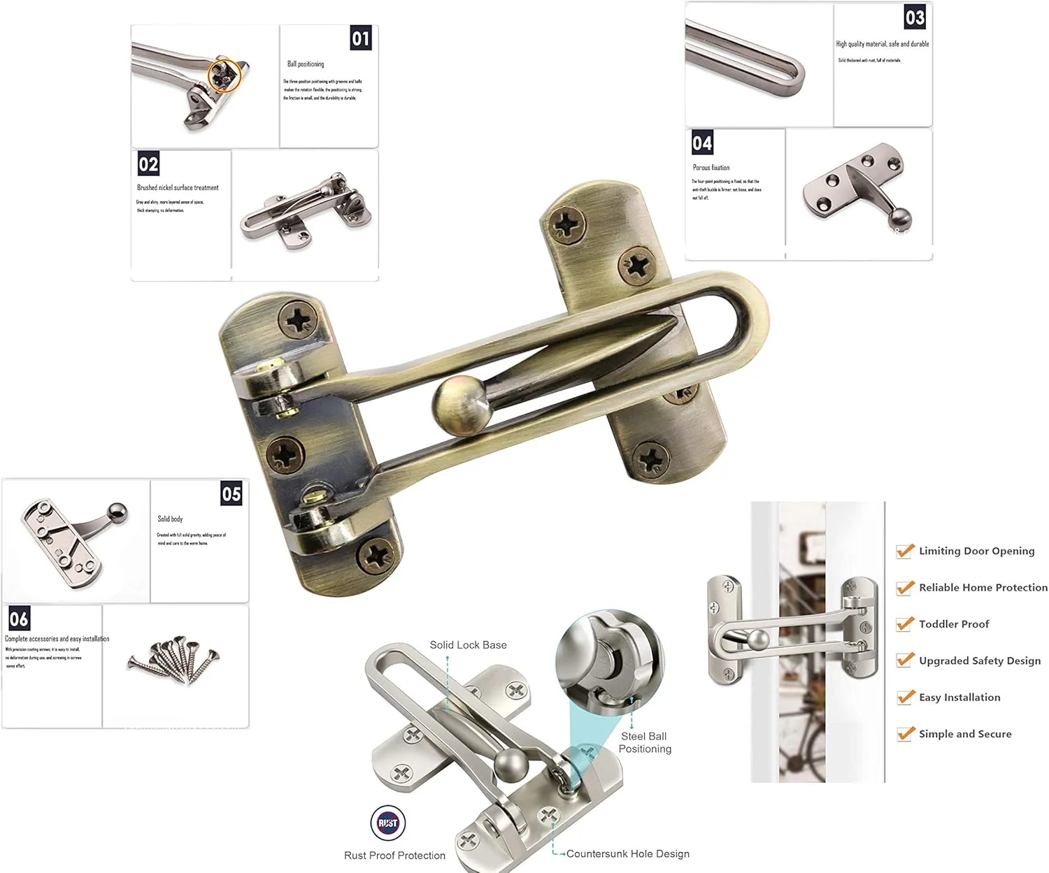 قفل میله ای درب سنگین LBY، بسته 2 عددی، قفل امنیتی U شکل ضد سرقت، قفل درب امنیتی منزل، آلیاژ آلومینیوم جامد ضخیم رنگ برنزی