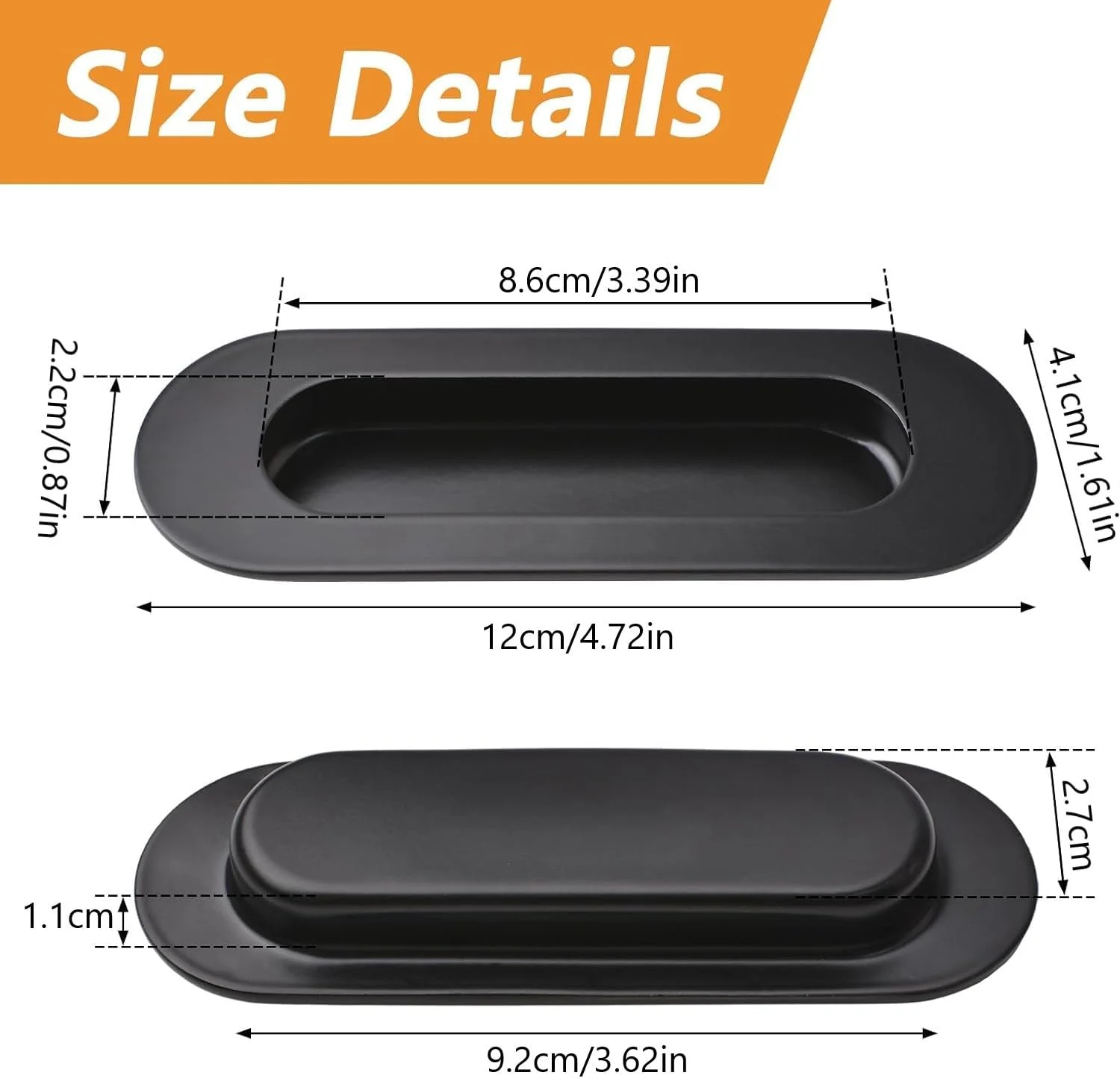 دستگیره کابینت MOROBOR، 2 عدد دستگیره کشویی توکار بیضی شکل استیل ضد زنگ مشکی با سوراخ جانبی برای کشو، کمد و جالباسی